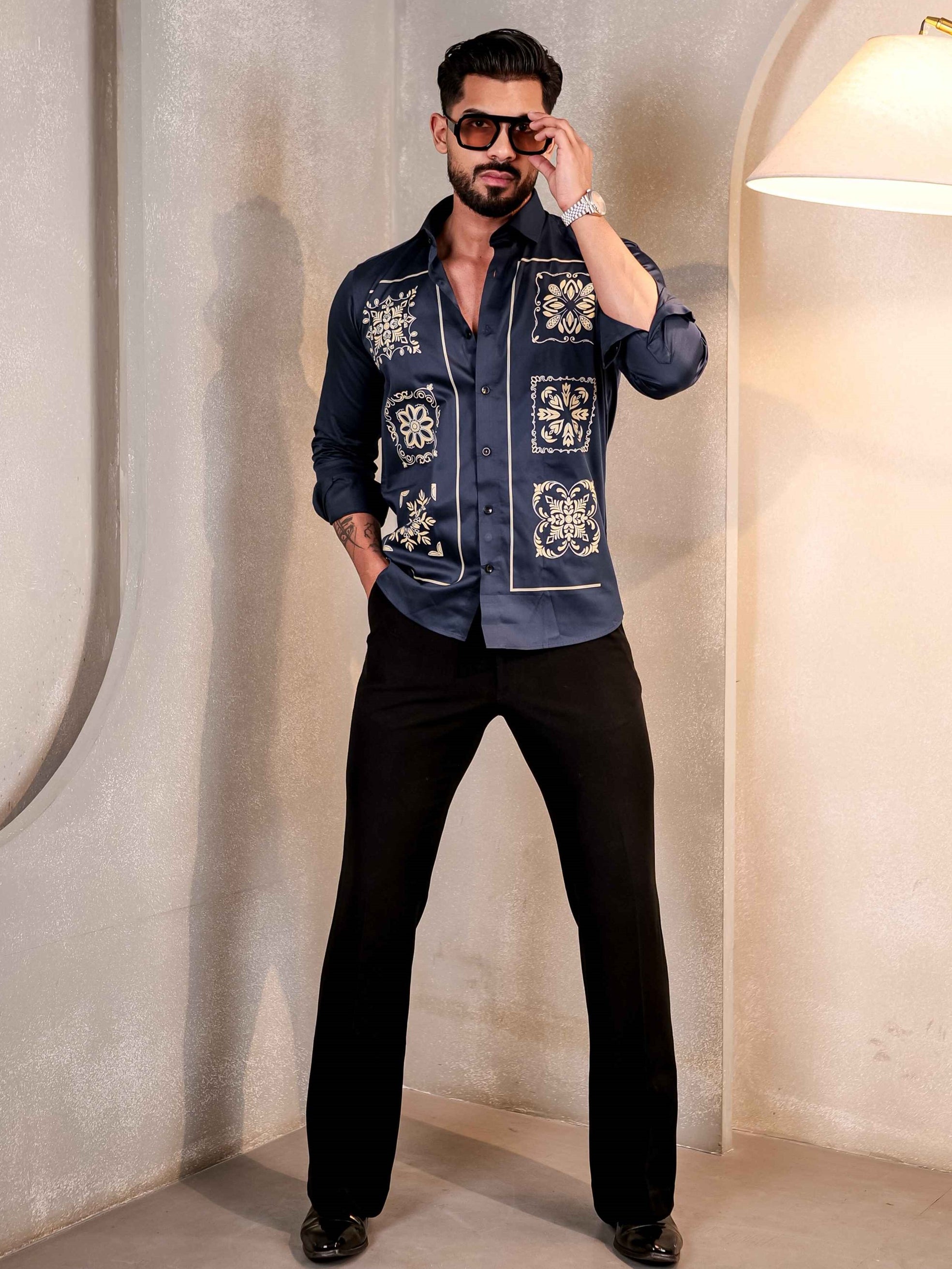 NAVY CLUB WEAR MANDALA PRINTED SATIN MEN'S SHIRT