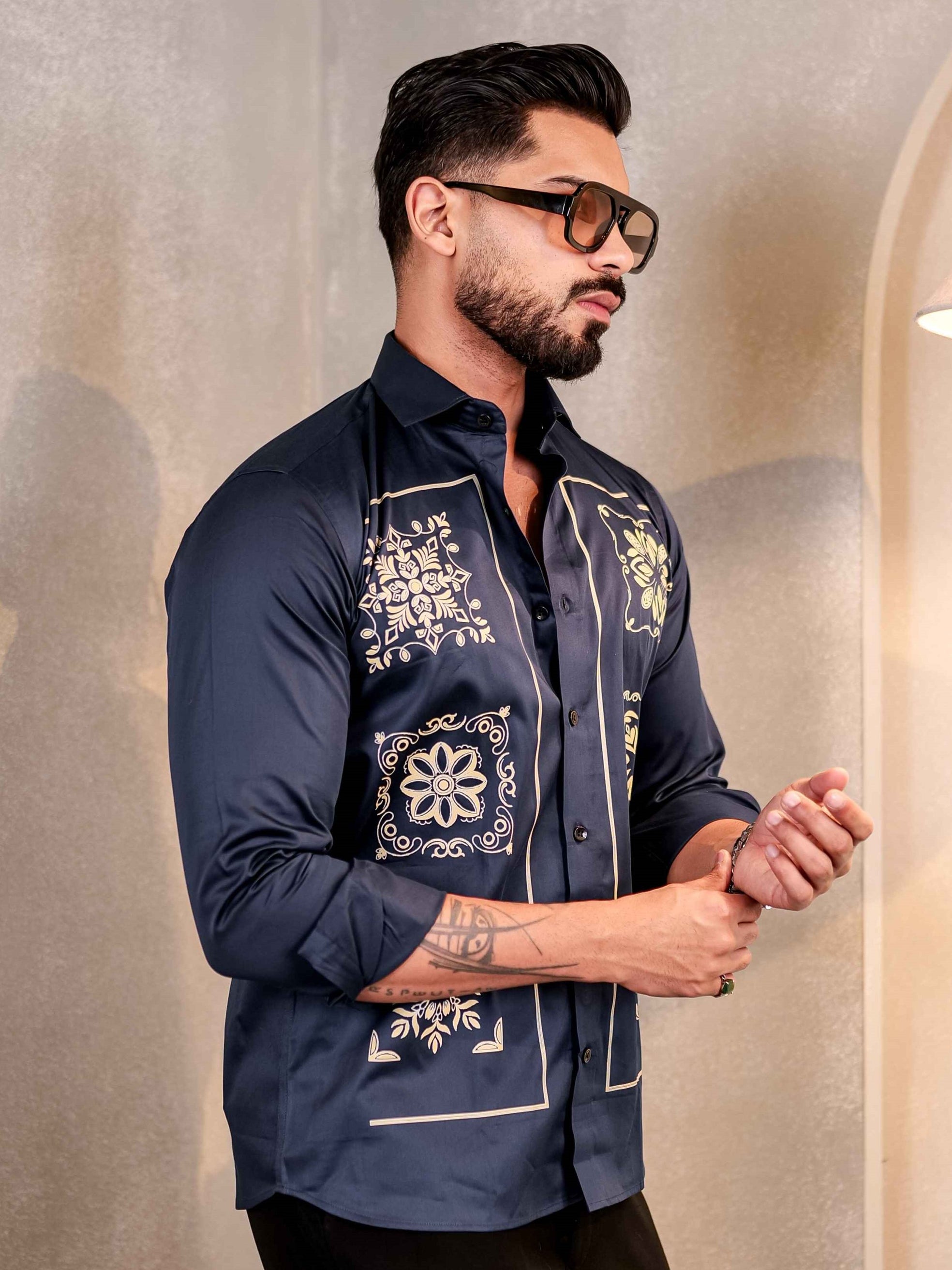NAVY CLUB WEAR MANDALA PRINTED SATIN MEN'S SHIRT