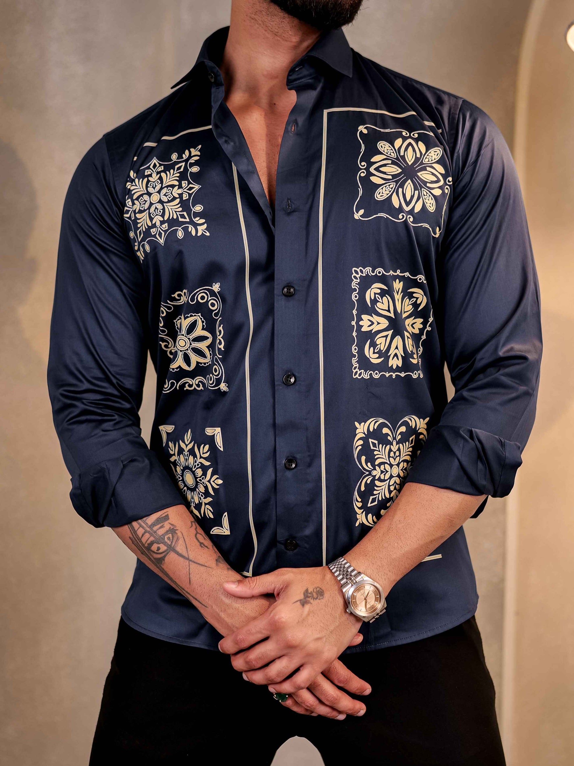 NAVY CLUB WEAR MANDALA PRINTED SATIN MEN'S SHIRT