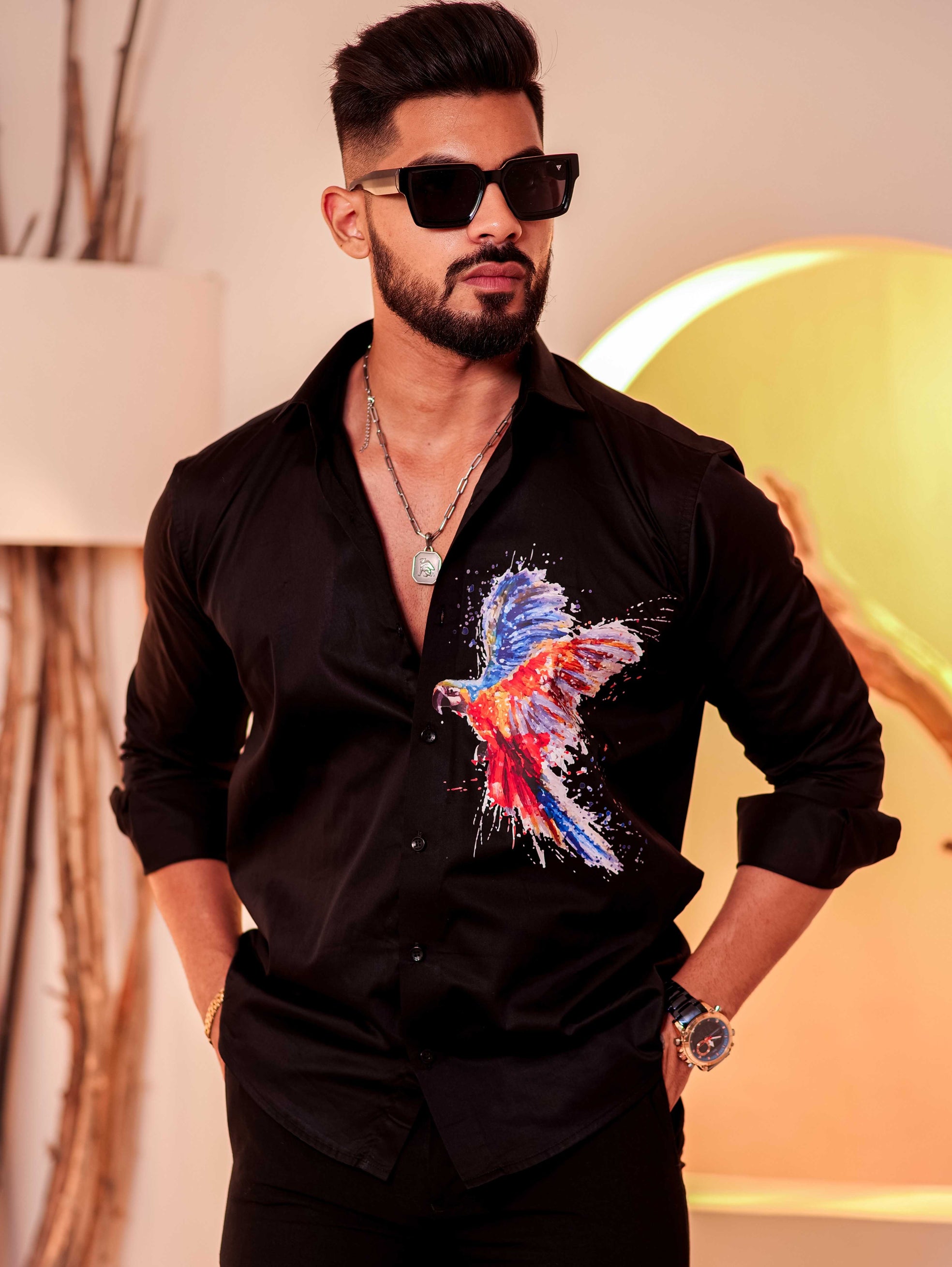 Black Club Wear Printed Satin Cotton Shirt