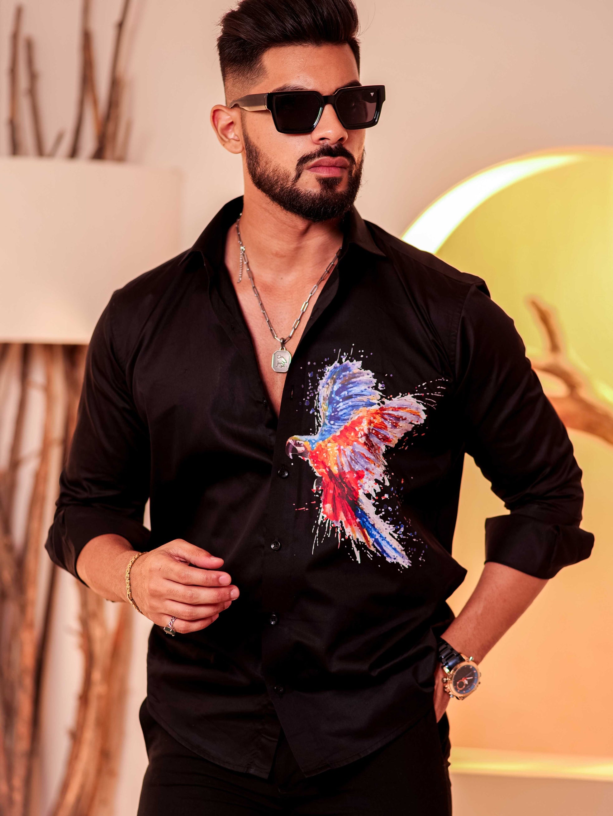 Black Club Wear Printed Satin Cotton Shirt