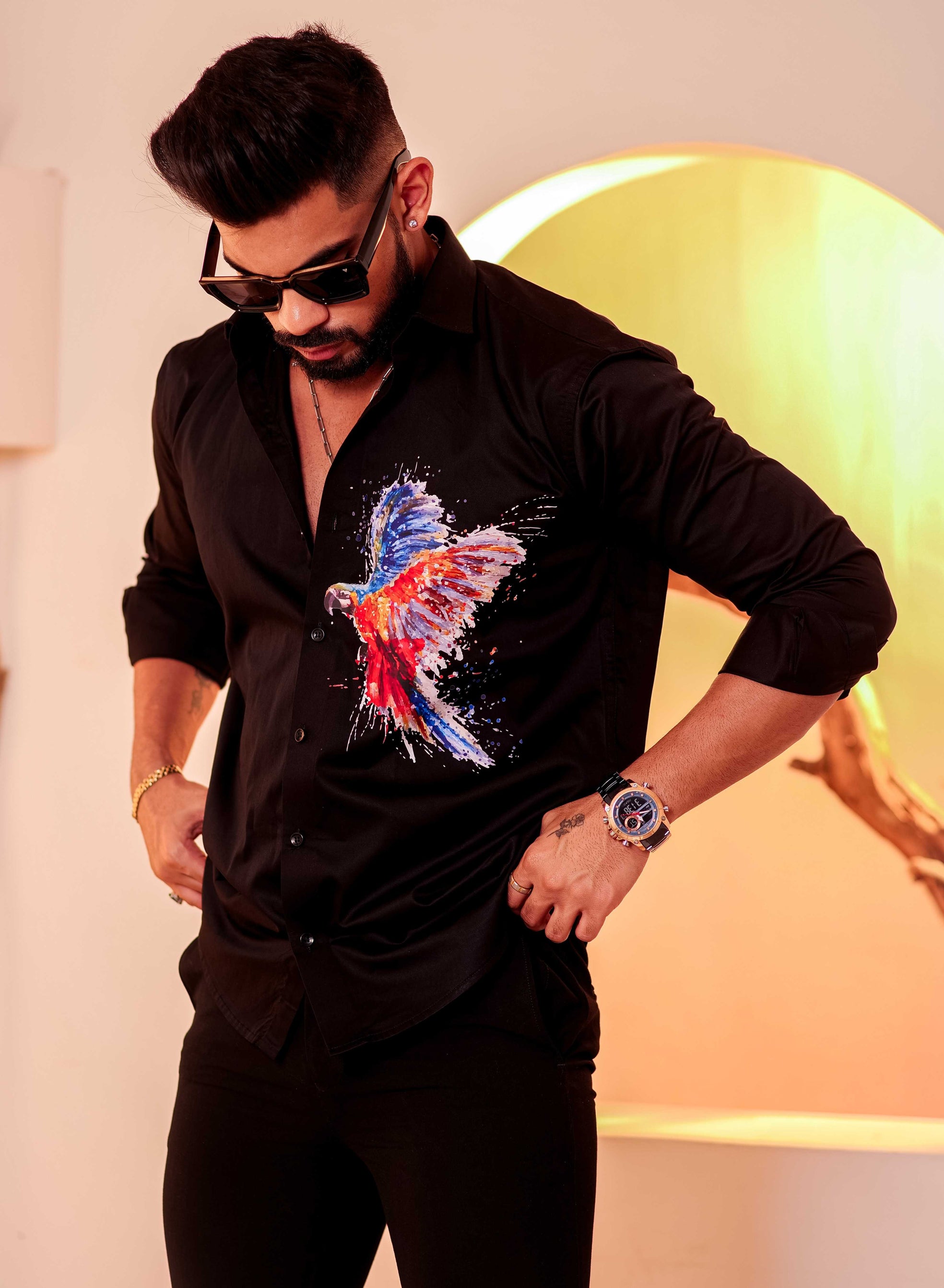 Black Club Wear Printed Satin Cotton Shirt