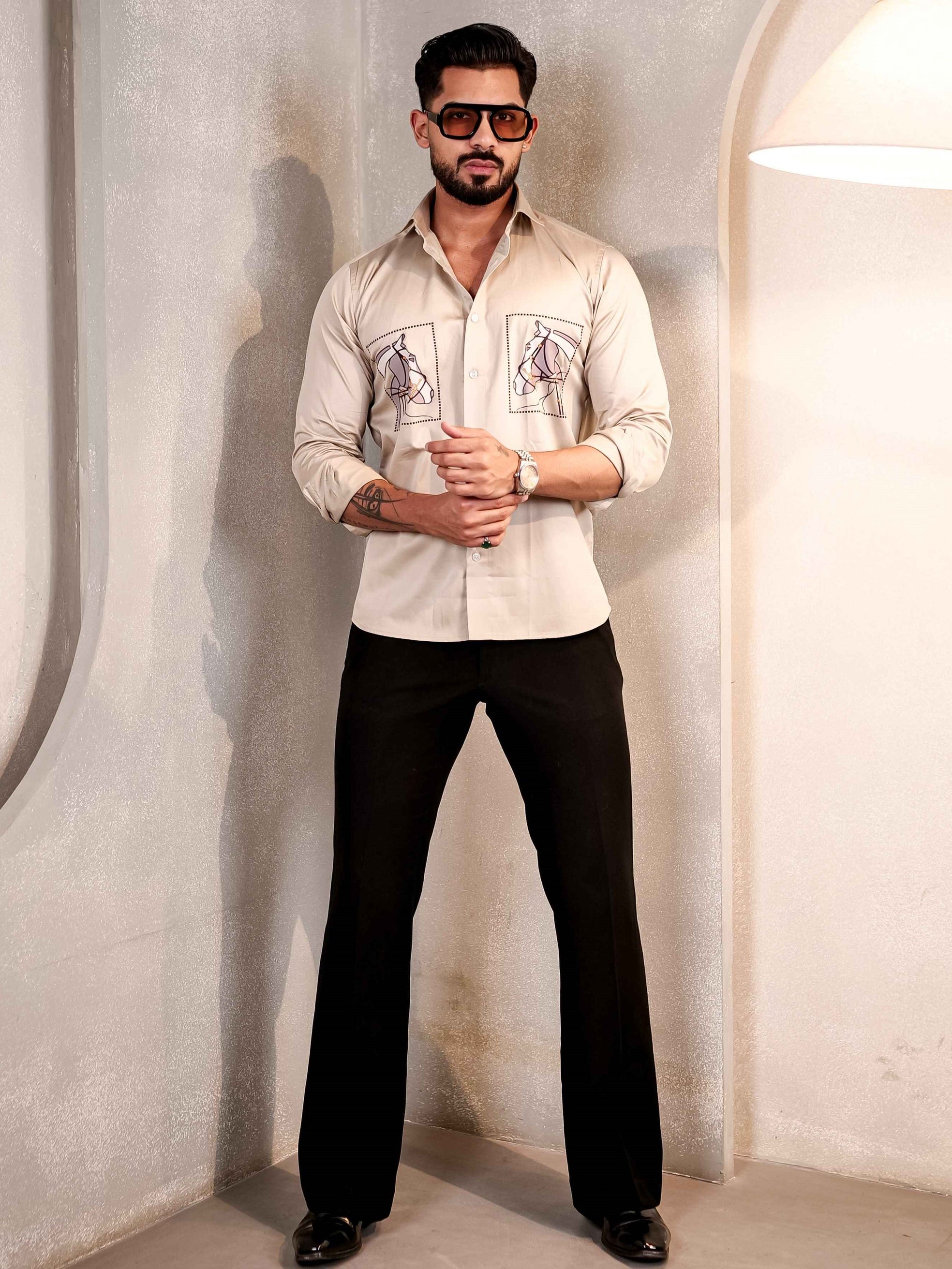 CREAM CLUB WEAR PRINTED SATIN COTTON MEN'S SHIRT