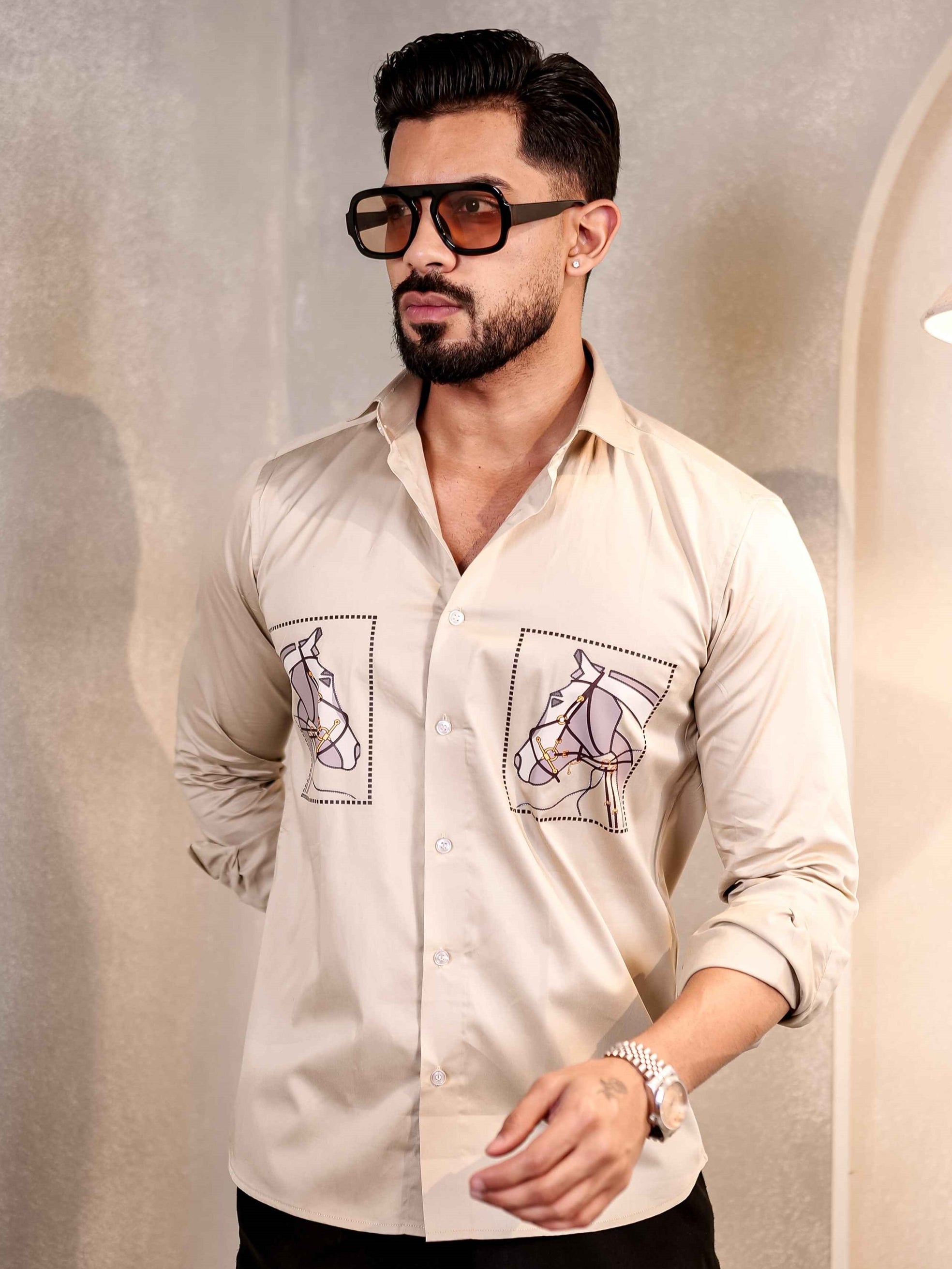 CREAM CLUB WEAR PRINTED SATIN COTTON MEN'S SHIRT