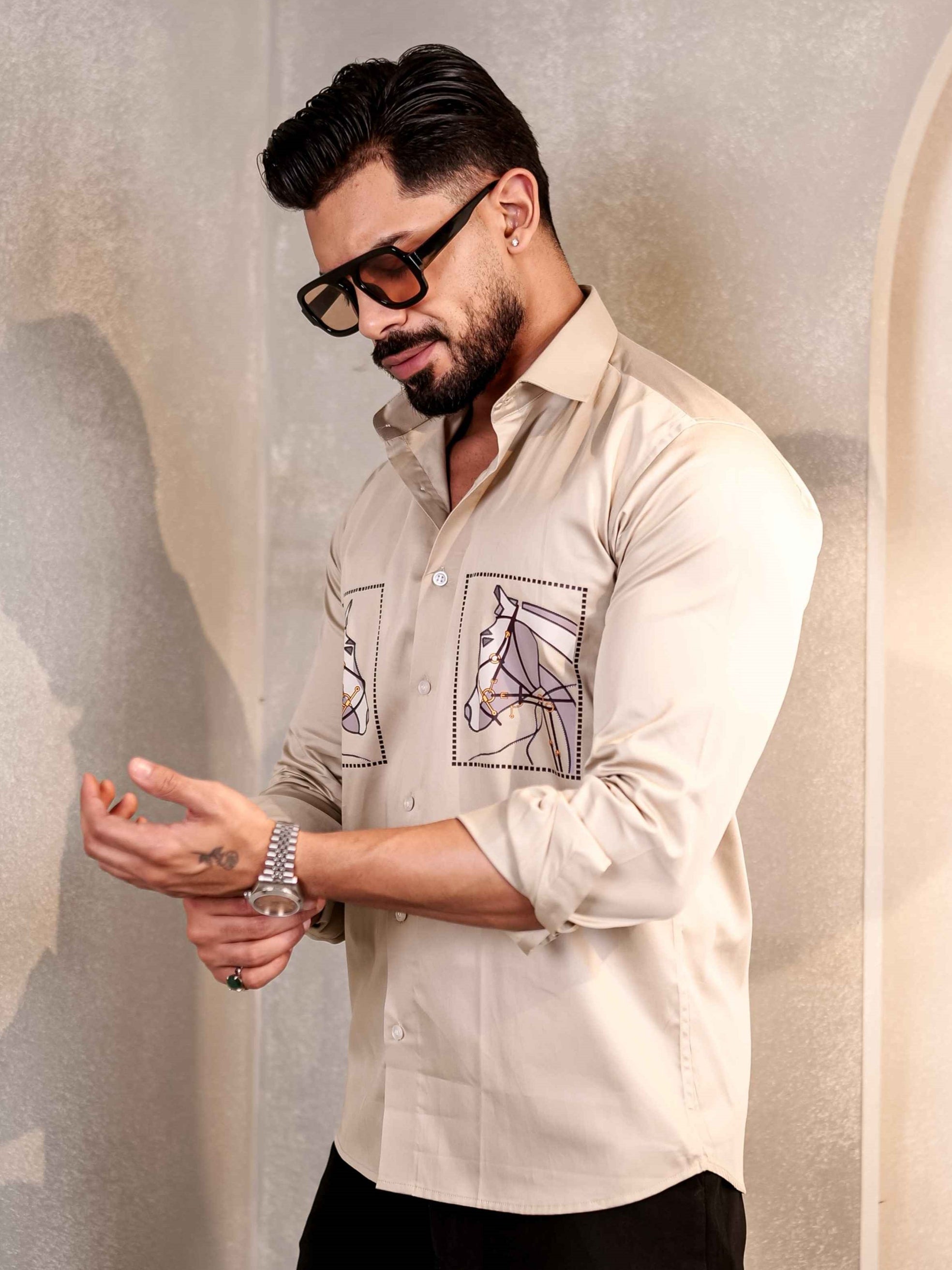 CREAM CLUB WEAR PRINTED SATIN COTTON MEN'S SHIRT