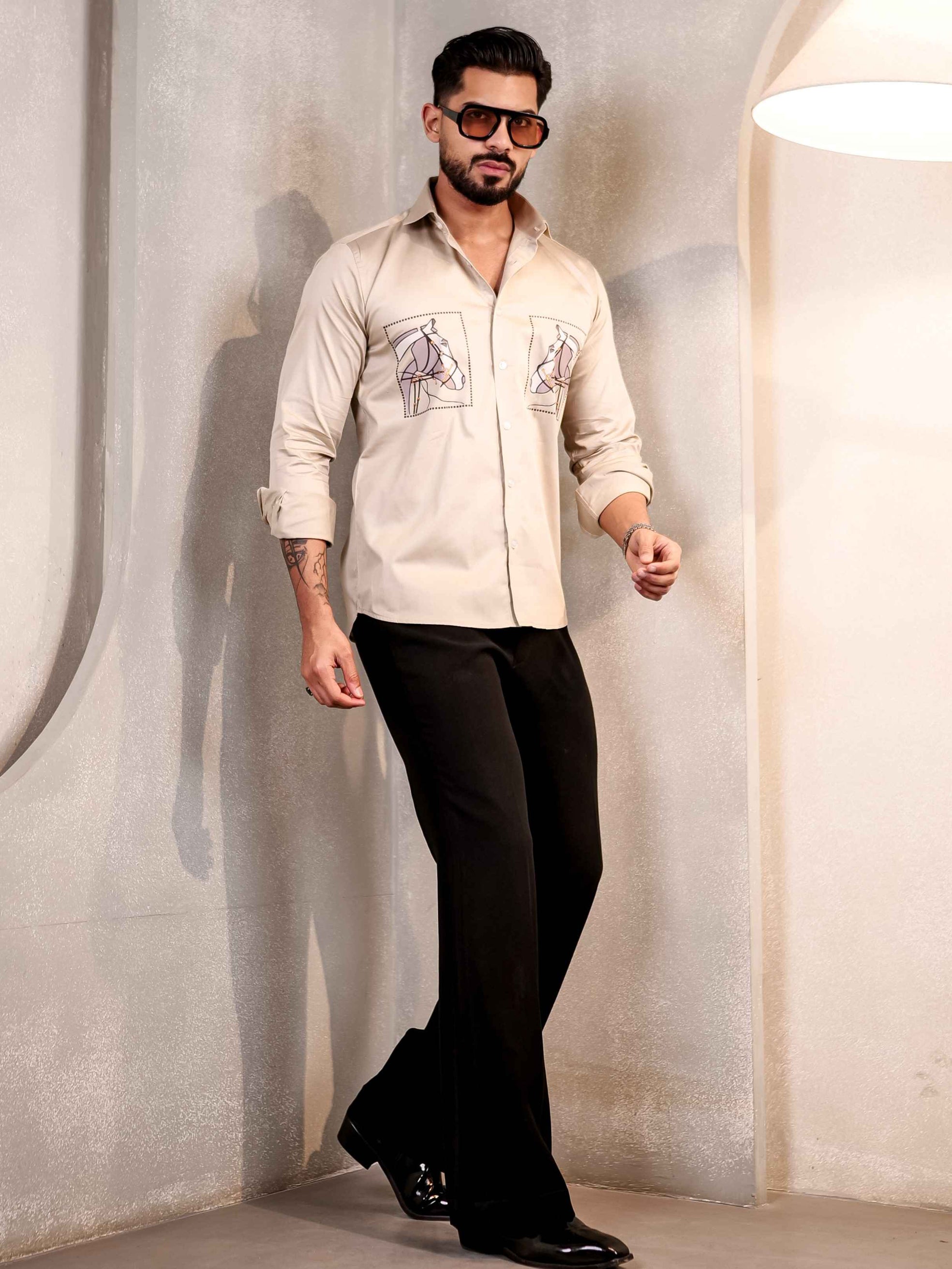 CREAM CLUB WEAR PRINTED SATIN COTTON MEN'S SHIRT
