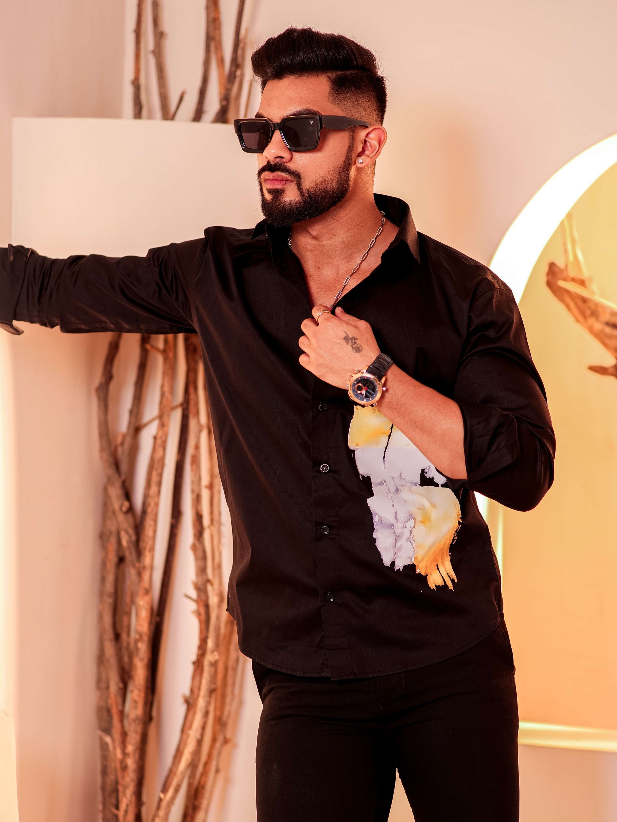 Black Club Wear Printed Satin Cotton Shirt