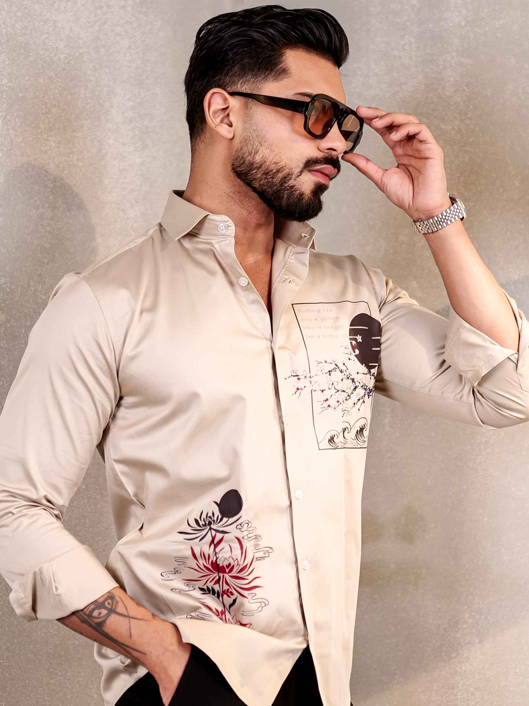 CREAM SCENERY CLUB WEAR PRINTED SATIN COTTON MEN'S SHIRT