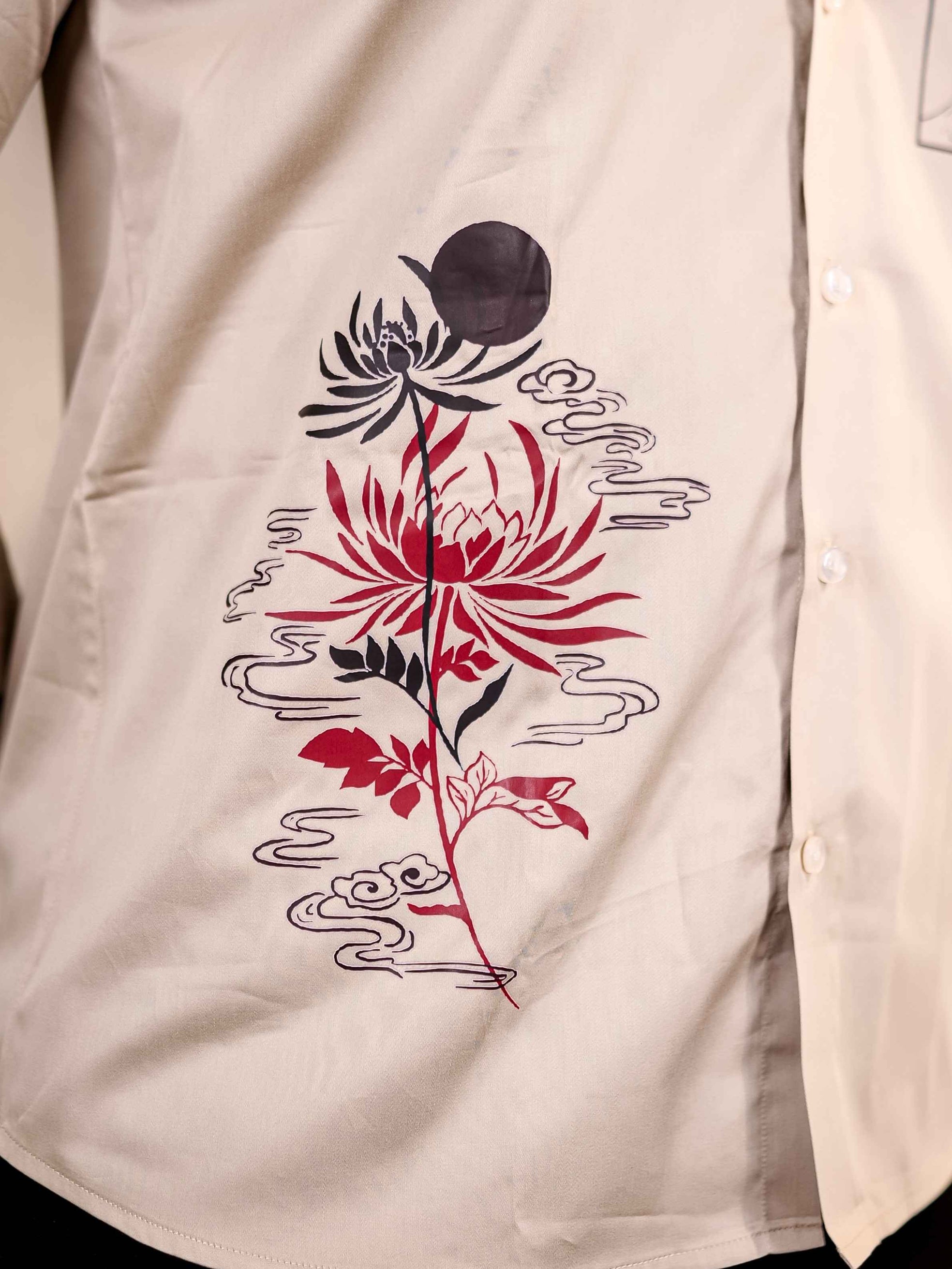 CREAM SCENERY CLUB WEAR PRINTED SATIN COTTON MEN'S SHIRT