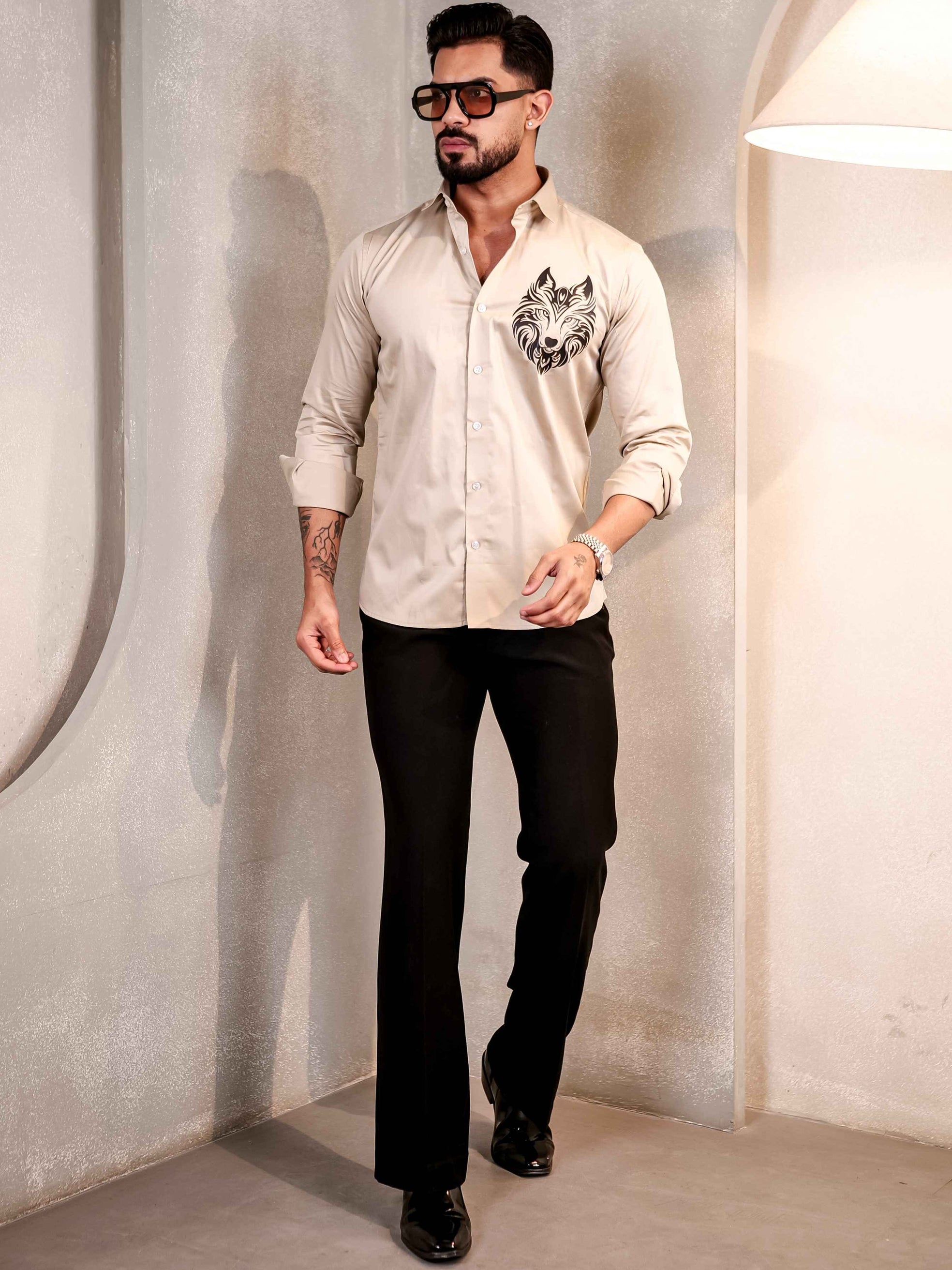 CREAM REX CLUB WEAR PRINTED SATIN COTTON MEN'S SHIRT