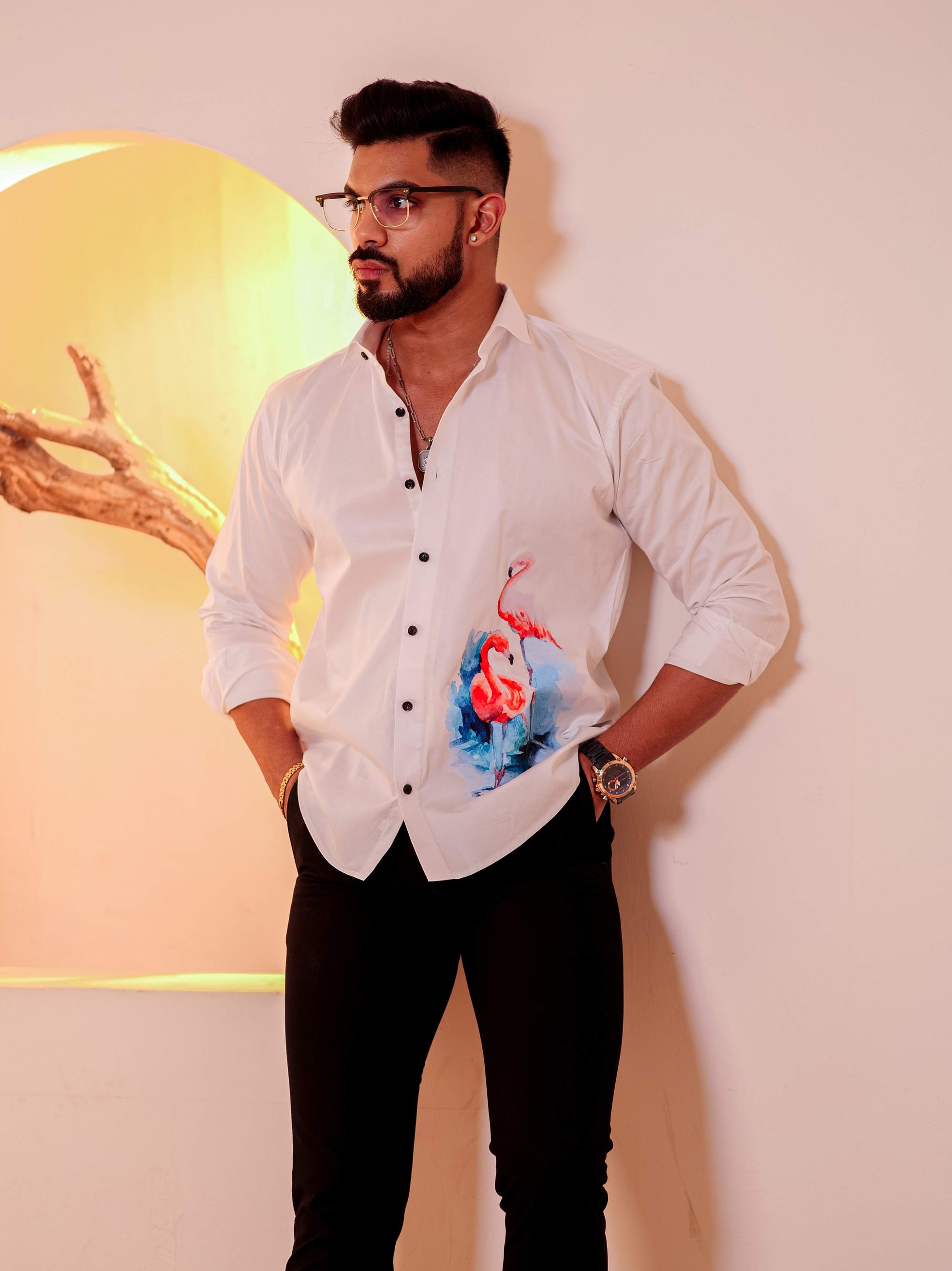 White Club Wear Printed Satin Cotton Shirt