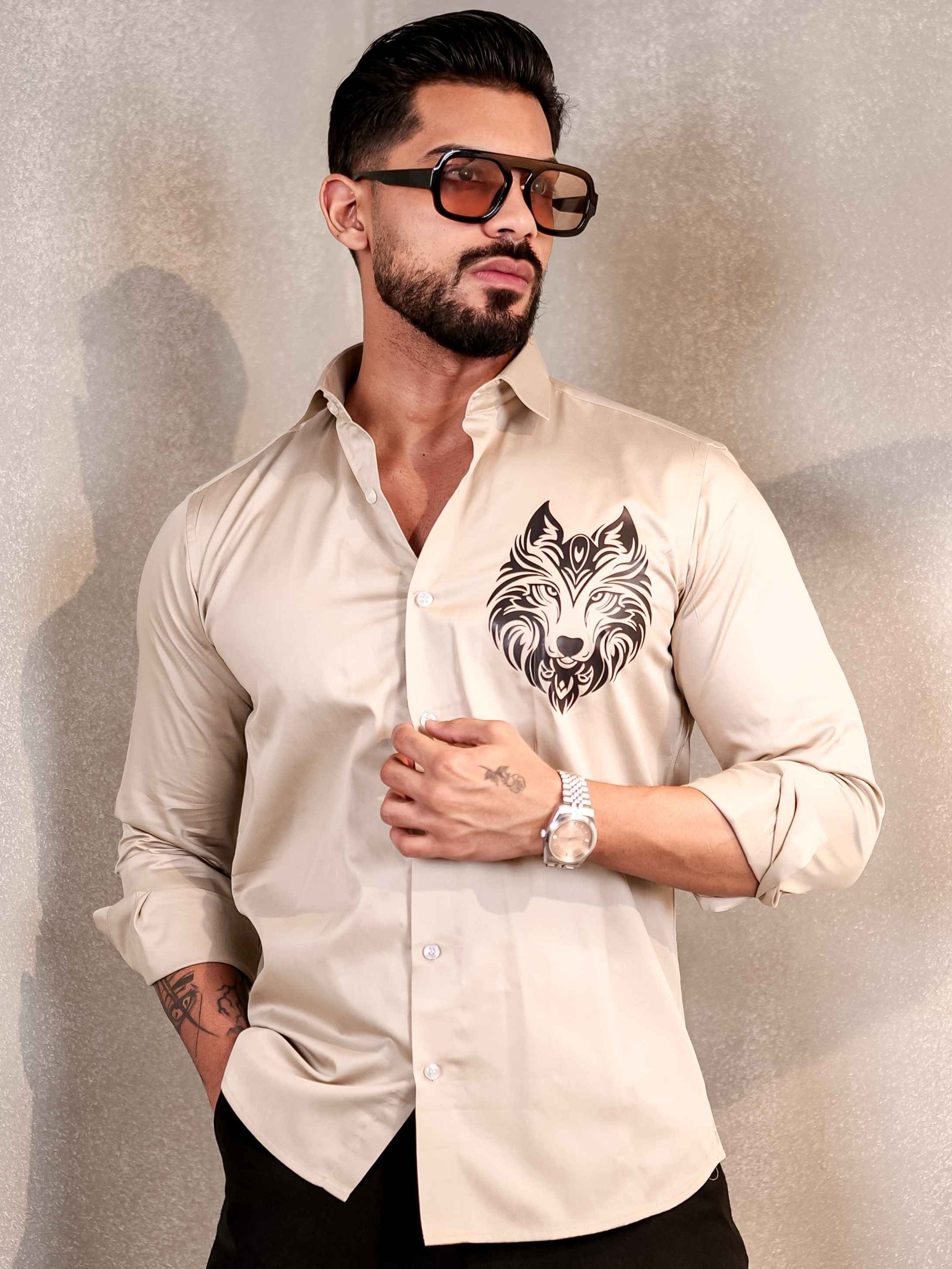 CREAM REX CLUB WEAR PRINTED SATIN COTTON MEN'S SHIRT