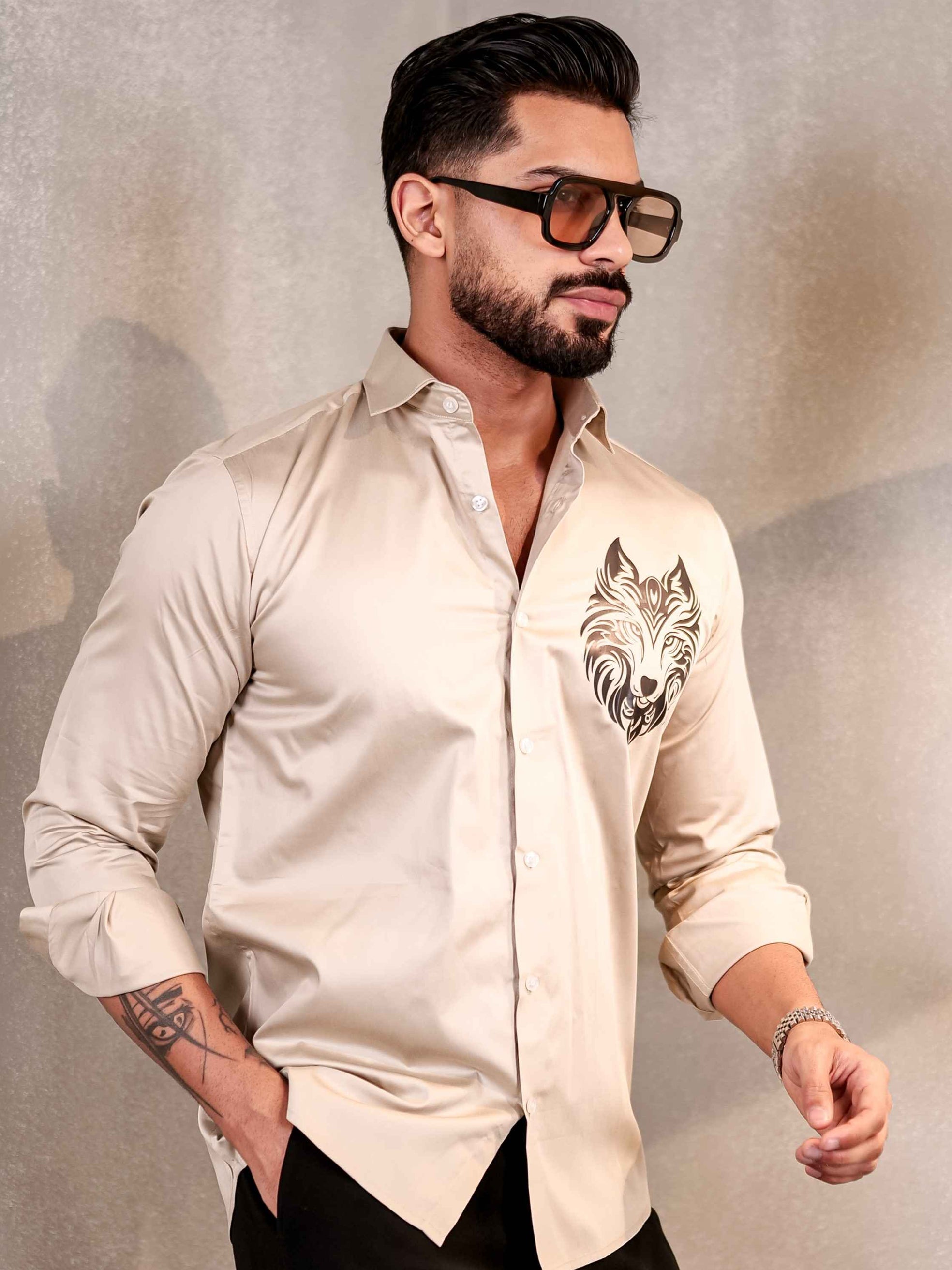 CREAM REX CLUB WEAR PRINTED SATIN COTTON MEN'S SHIRT