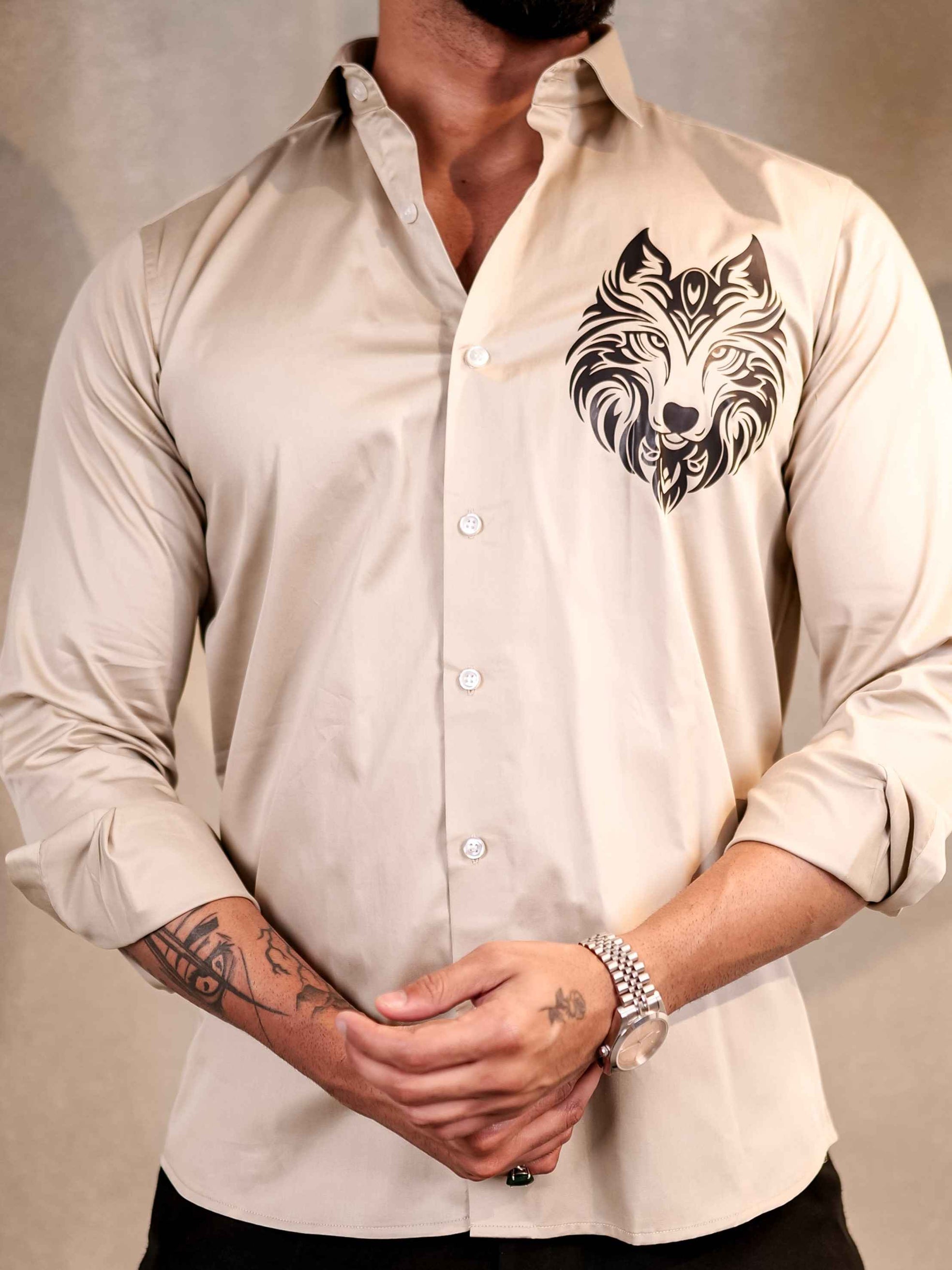 CREAM REX CLUB WEAR PRINTED SATIN COTTON MEN'S SHIRT