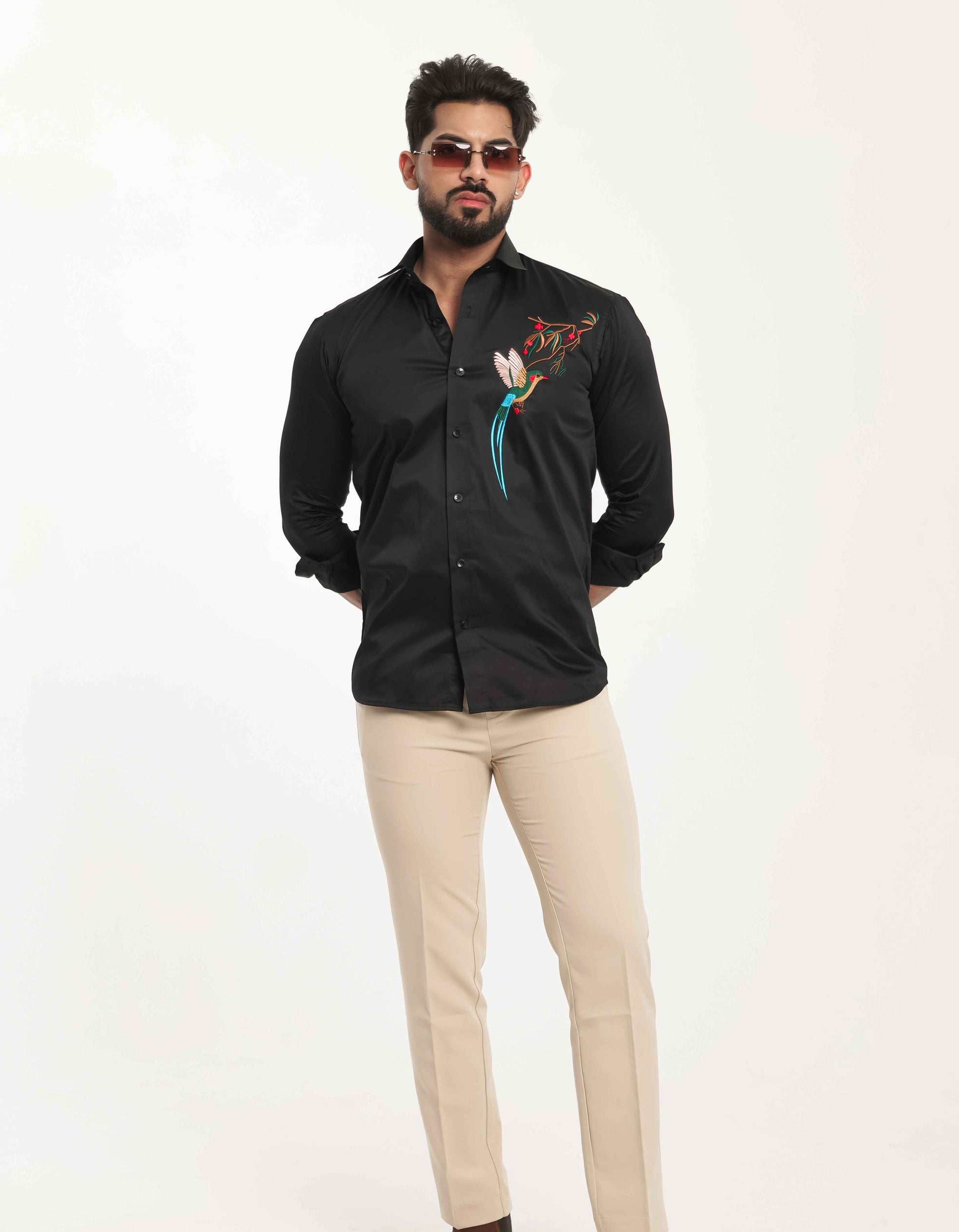 FOOMER BLACK BIRD EMBROIDERED DESIGNER WEAR SATIN COTTON SHIRT