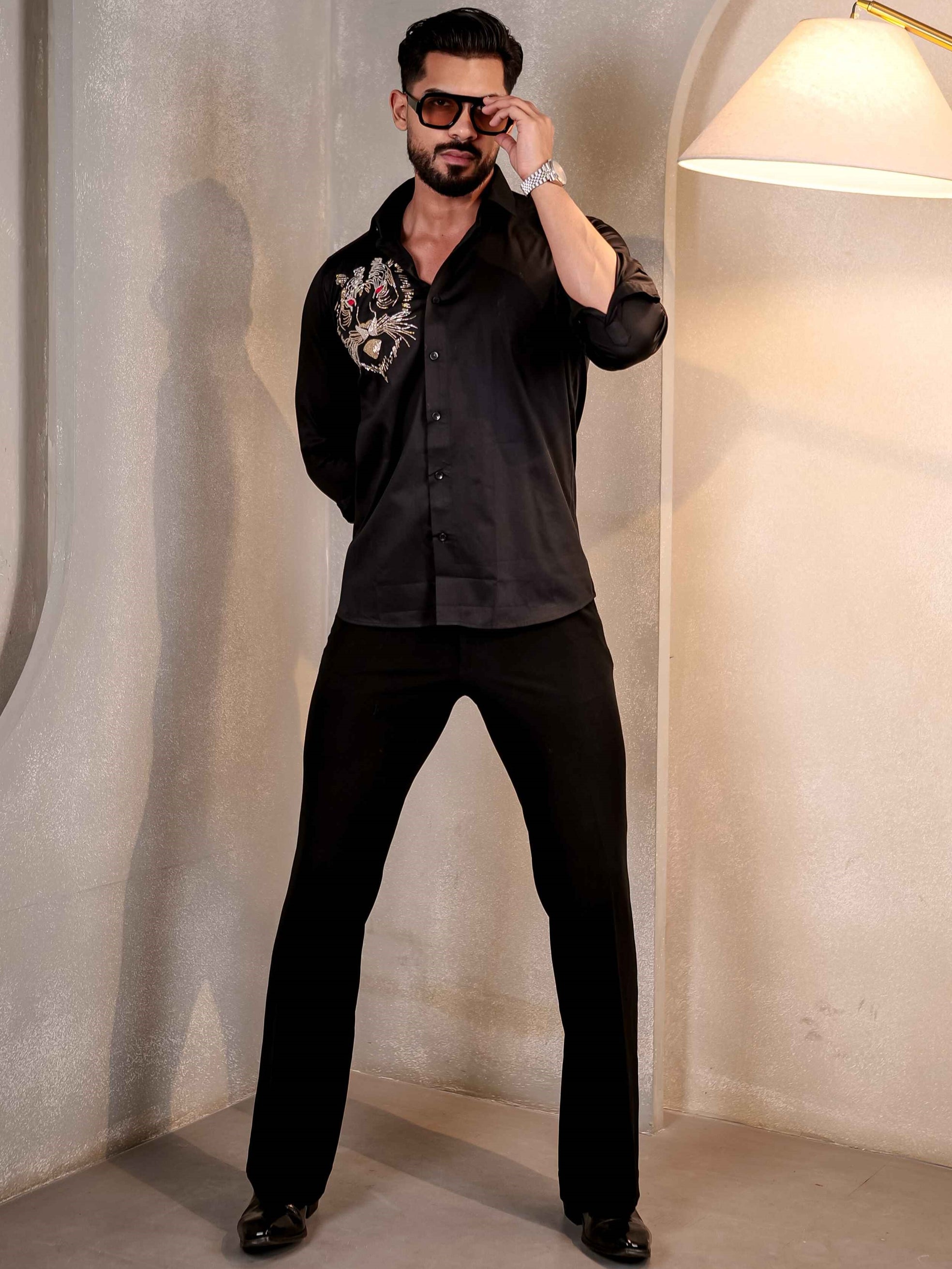 BLACK RHINESTONE HAND WORK SATIN COTTON SHIRT FOR MEN