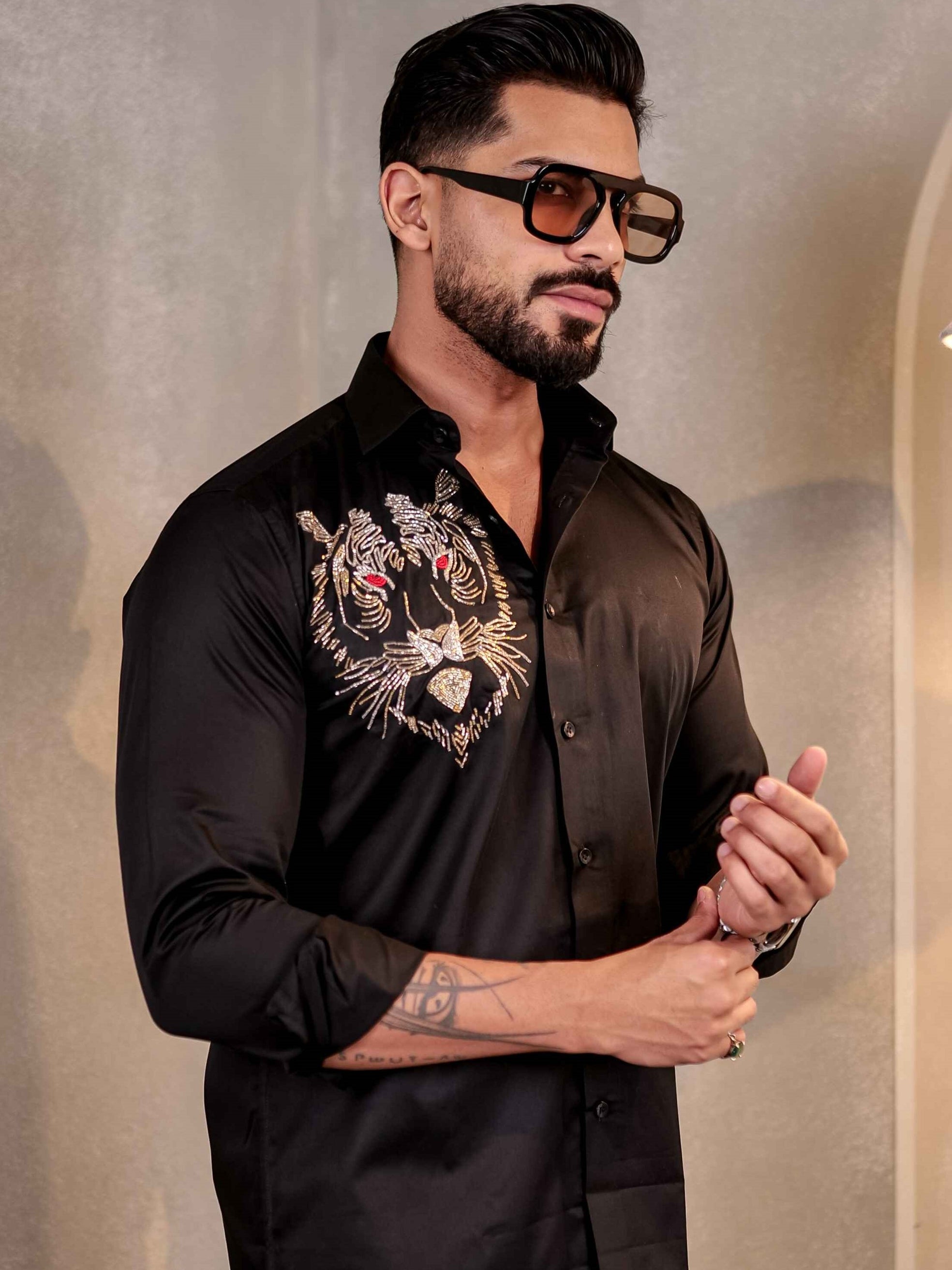 BLACK RHINESTONE HAND WORK SATIN COTTON SHIRT FOR MEN