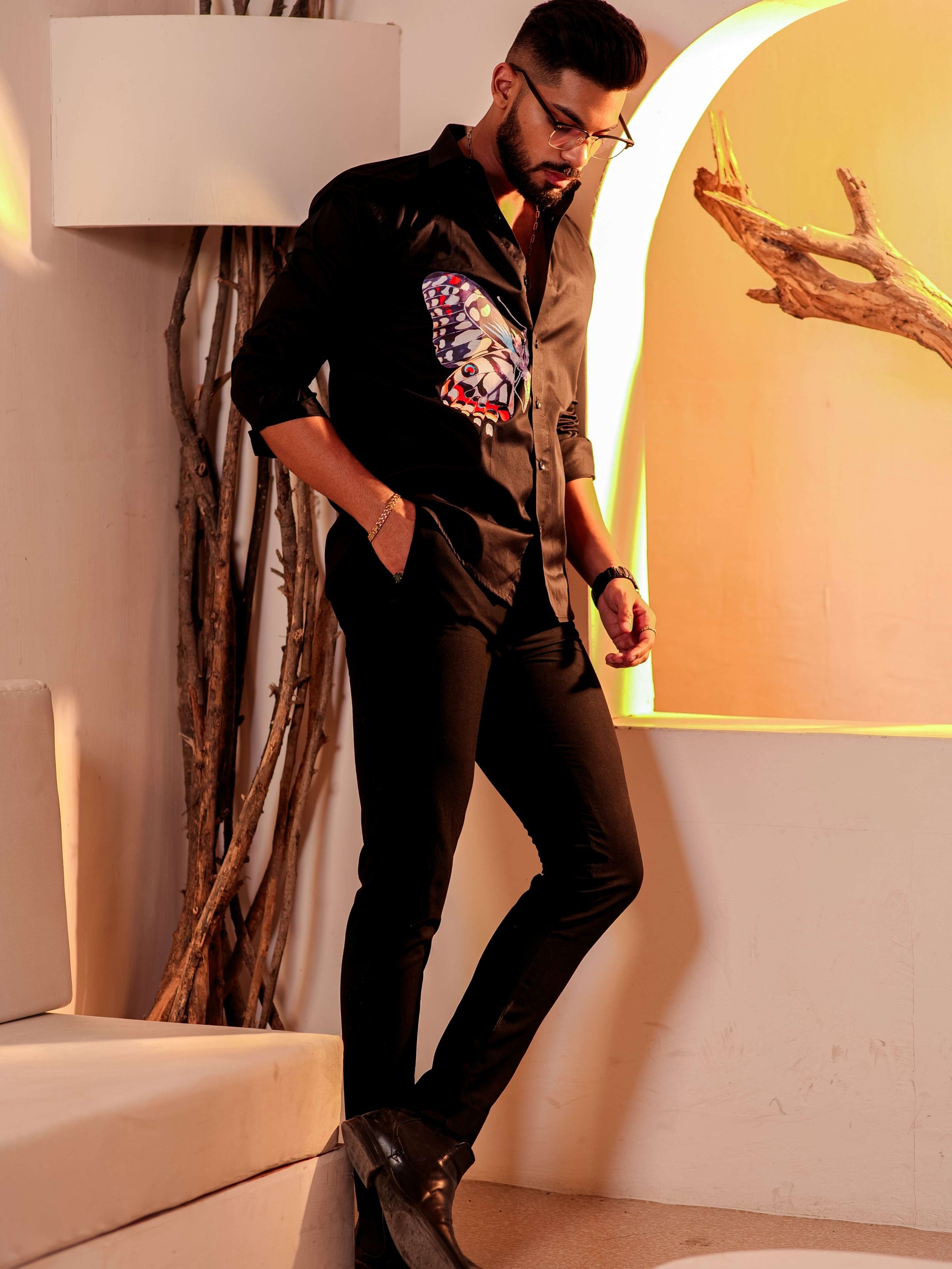 Black Club Wear Printed Satin Cotton Shirt