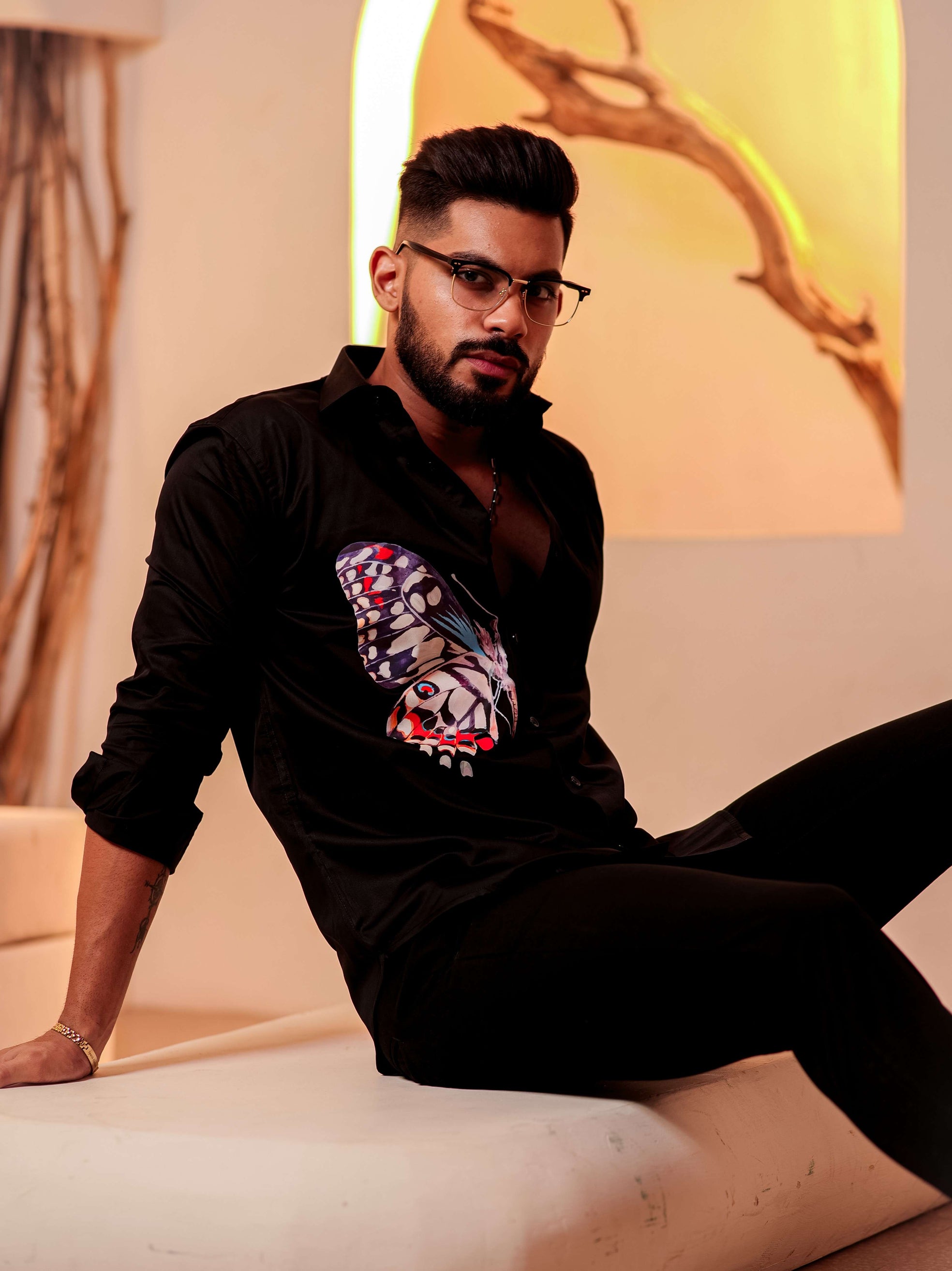 Black Club Wear Printed Satin Cotton Shirt