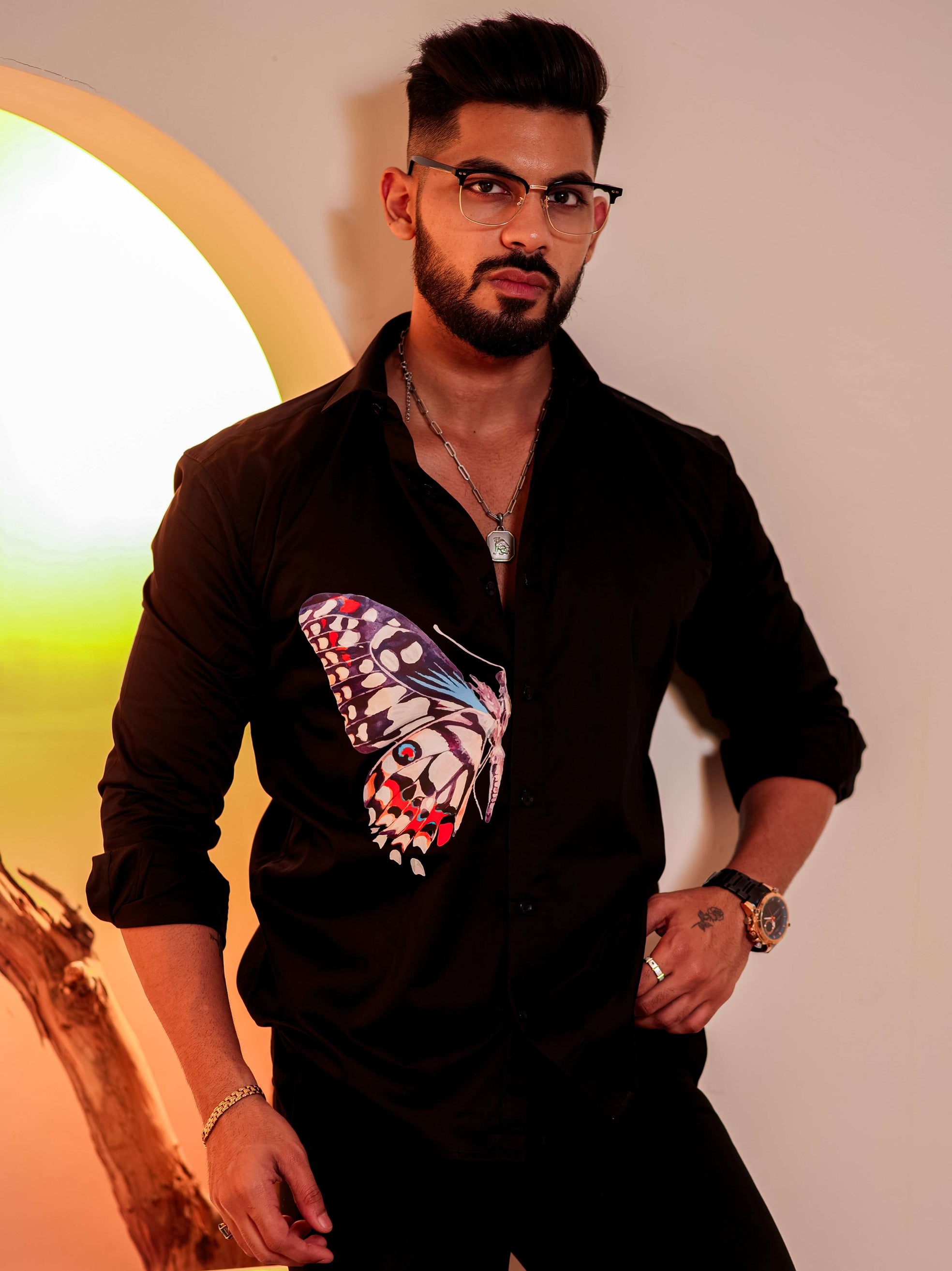 Black Club Wear Printed Satin Cotton Shirt