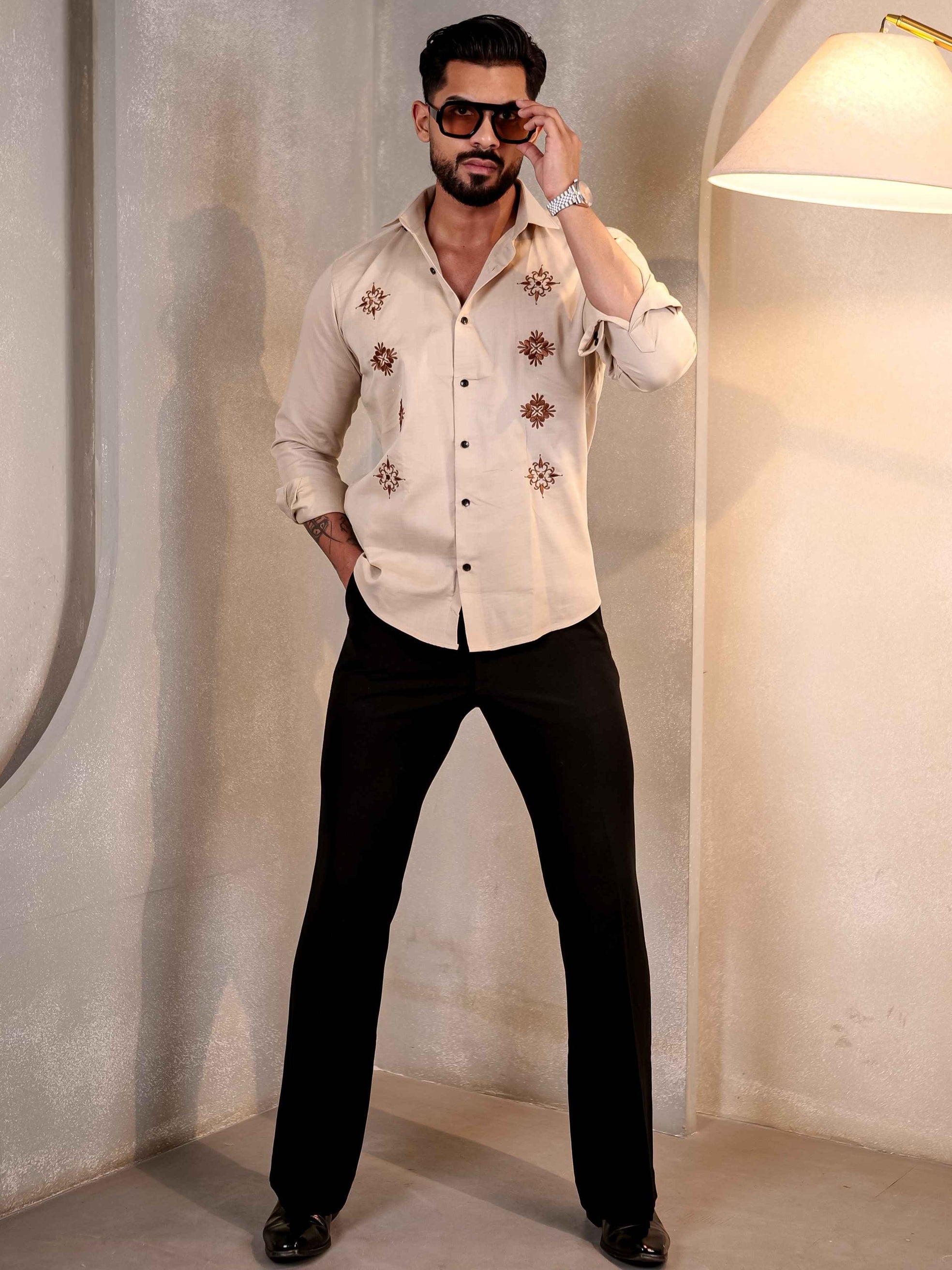 CREAM TILLA EMBROIDERED LUXURY LINEN MEN'S SHIRT