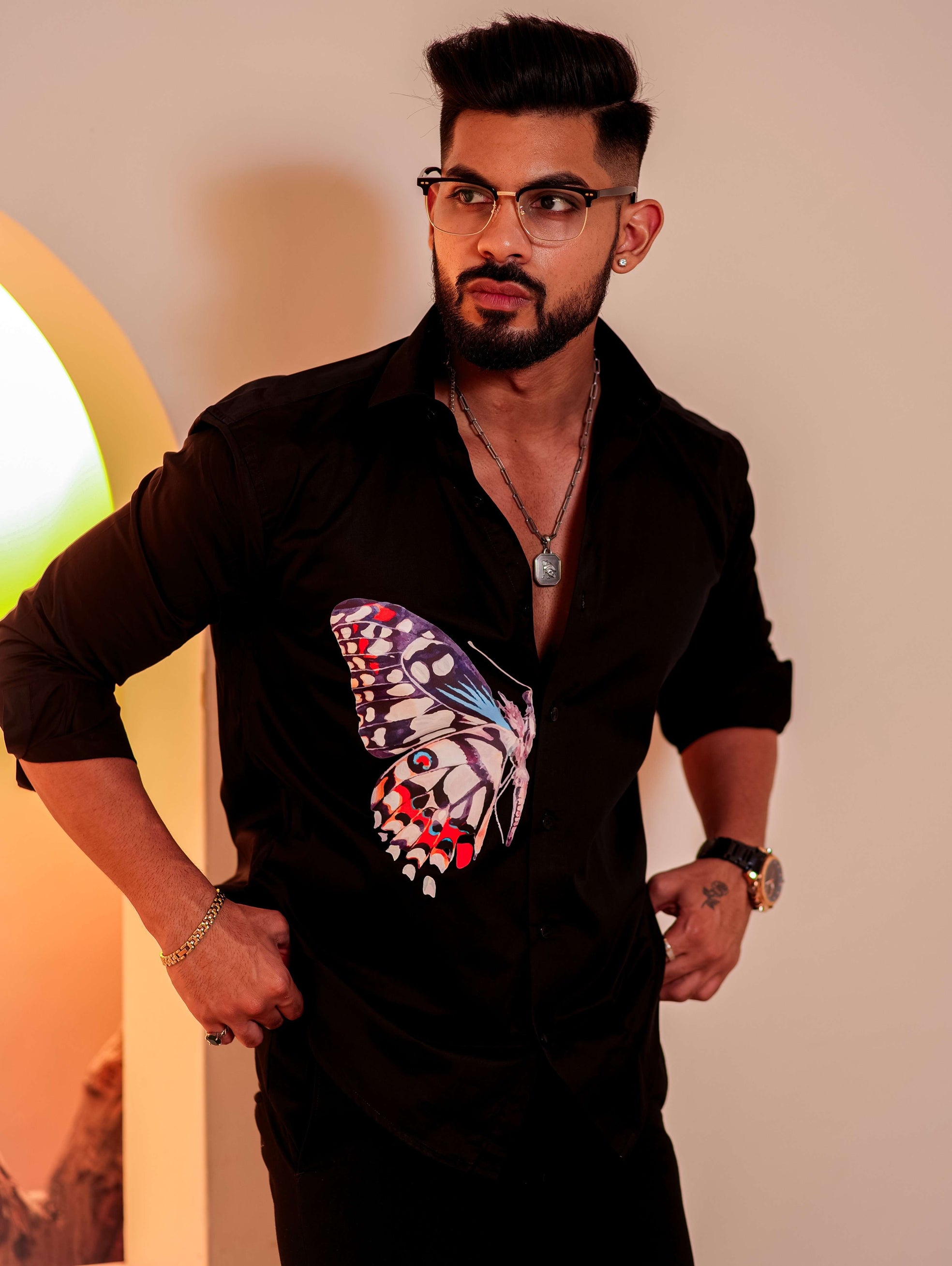 Black Club Wear Printed Satin Cotton Shirt