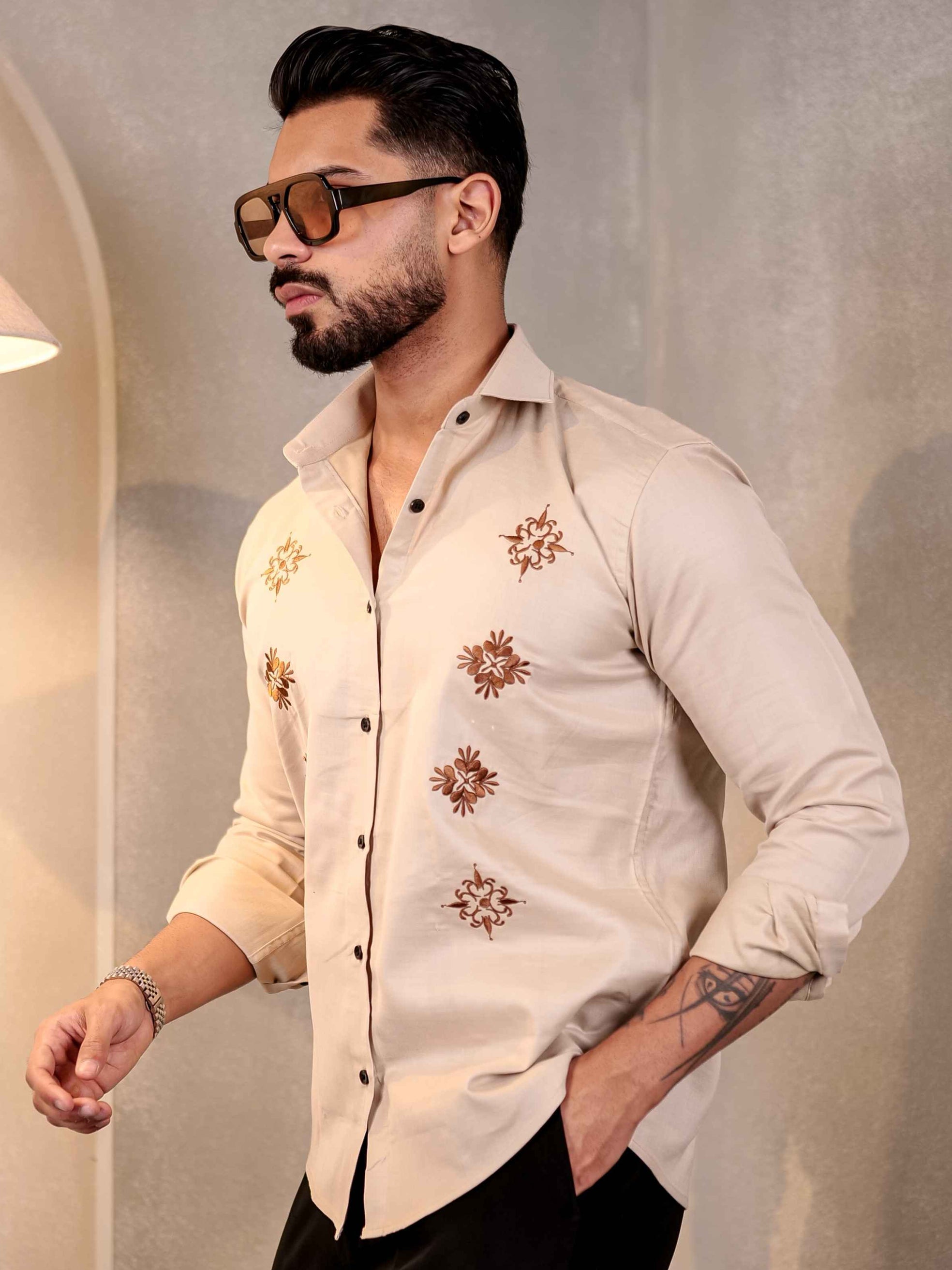 CREAM TILLA EMBROIDERED LUXURY LINEN MEN'S SHIRT