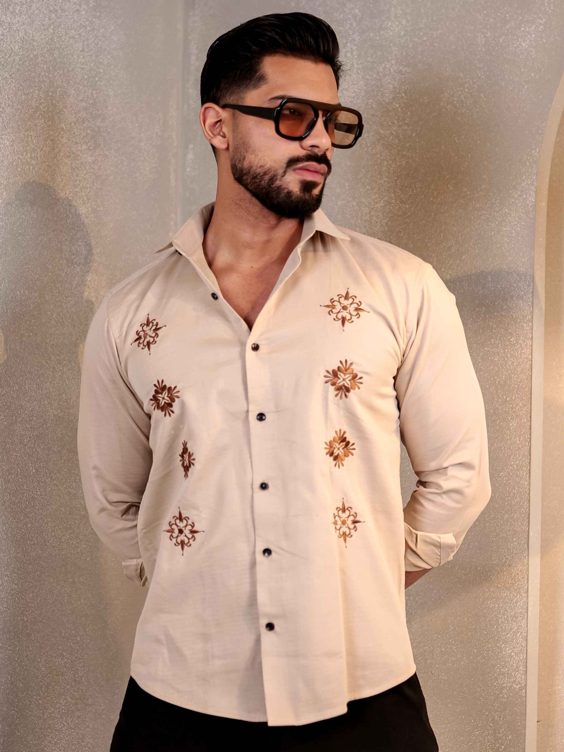 CREAM TILLA EMBROIDERED LUXURY LINEN MEN'S SHIRT