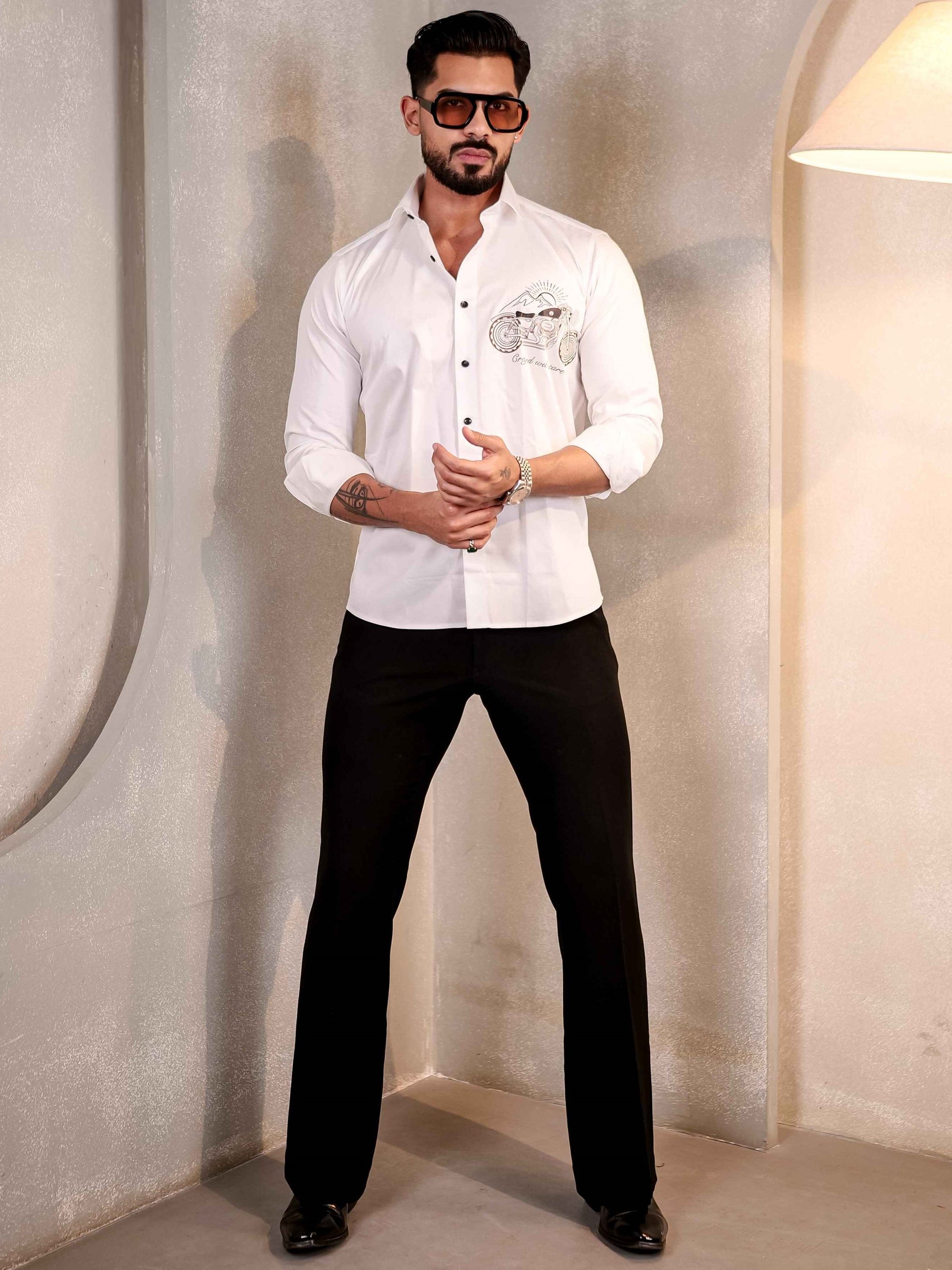 WHITE CLUB WEAR PRINTED SATIN COTTON MEN'S SHIRT