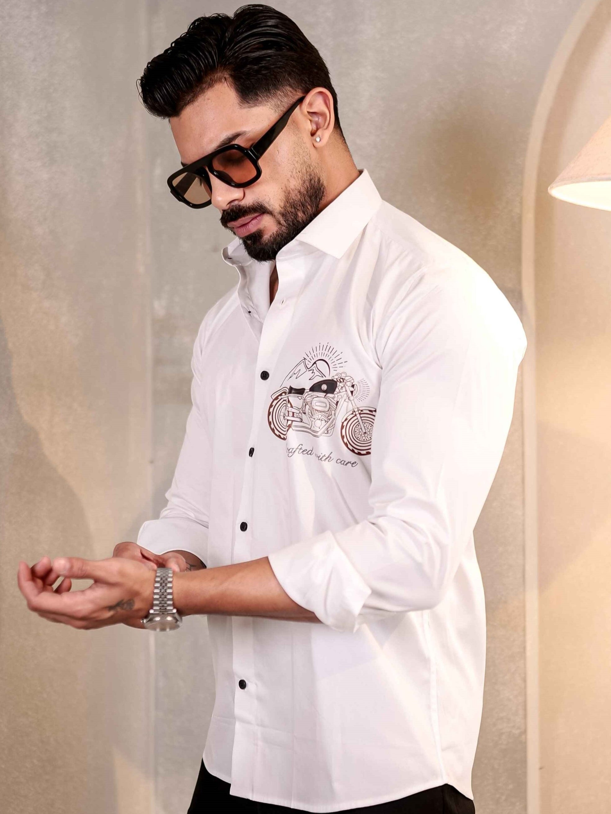 WHITE CLUB WEAR PRINTED SATIN COTTON MEN'S SHIRT