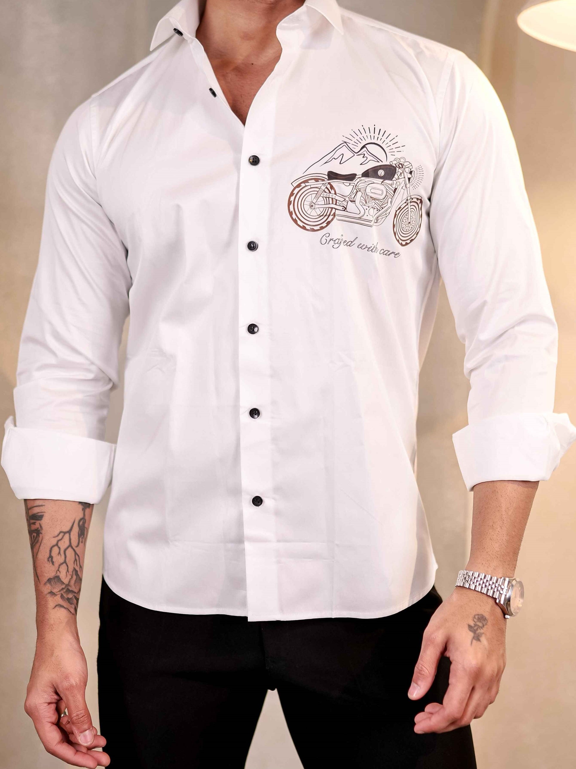WHITE CLUB WEAR PRINTED SATIN COTTON MEN'S SHIRT