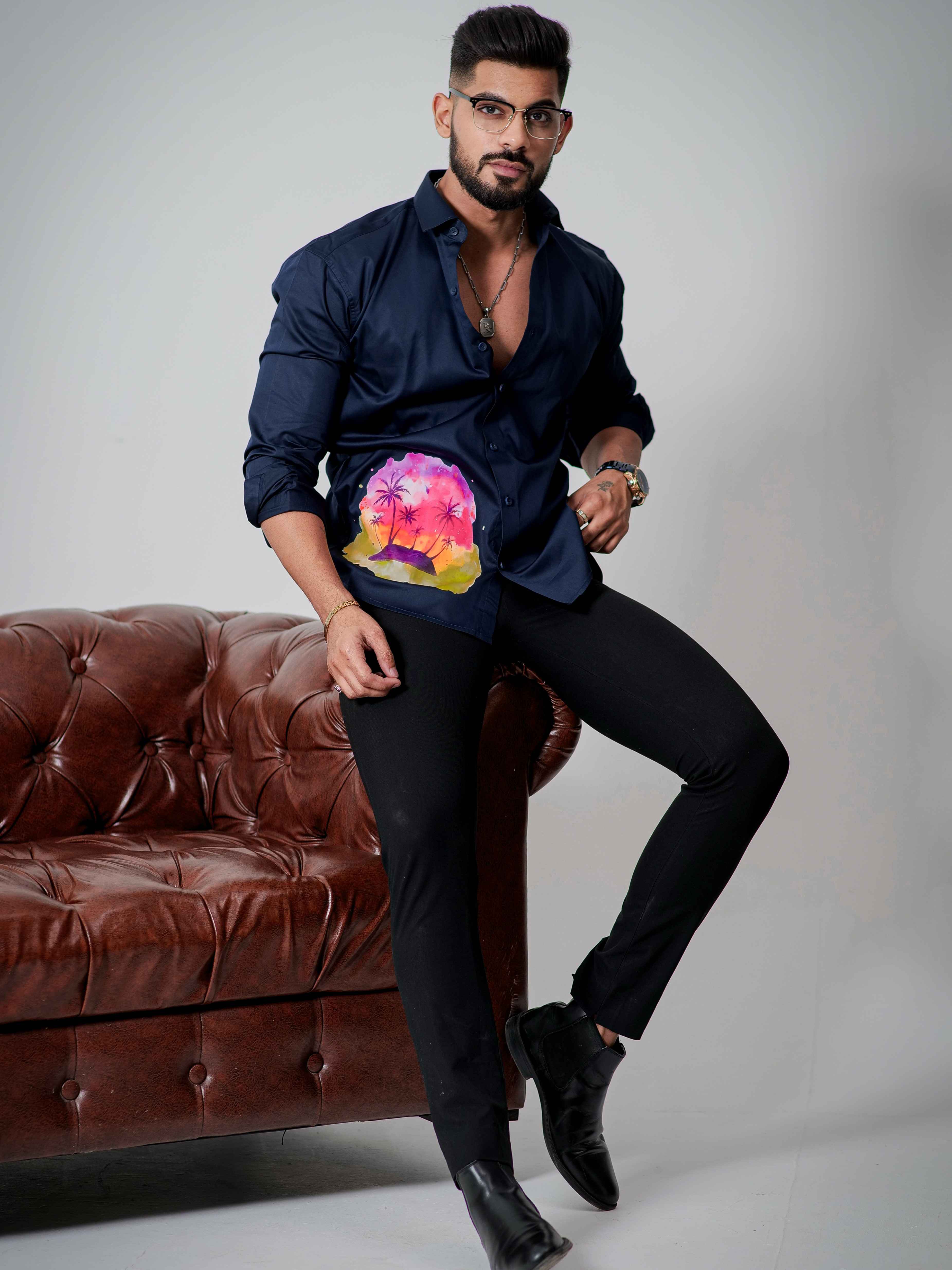 Blue Club Wear Printed Satin Cotton Shirt