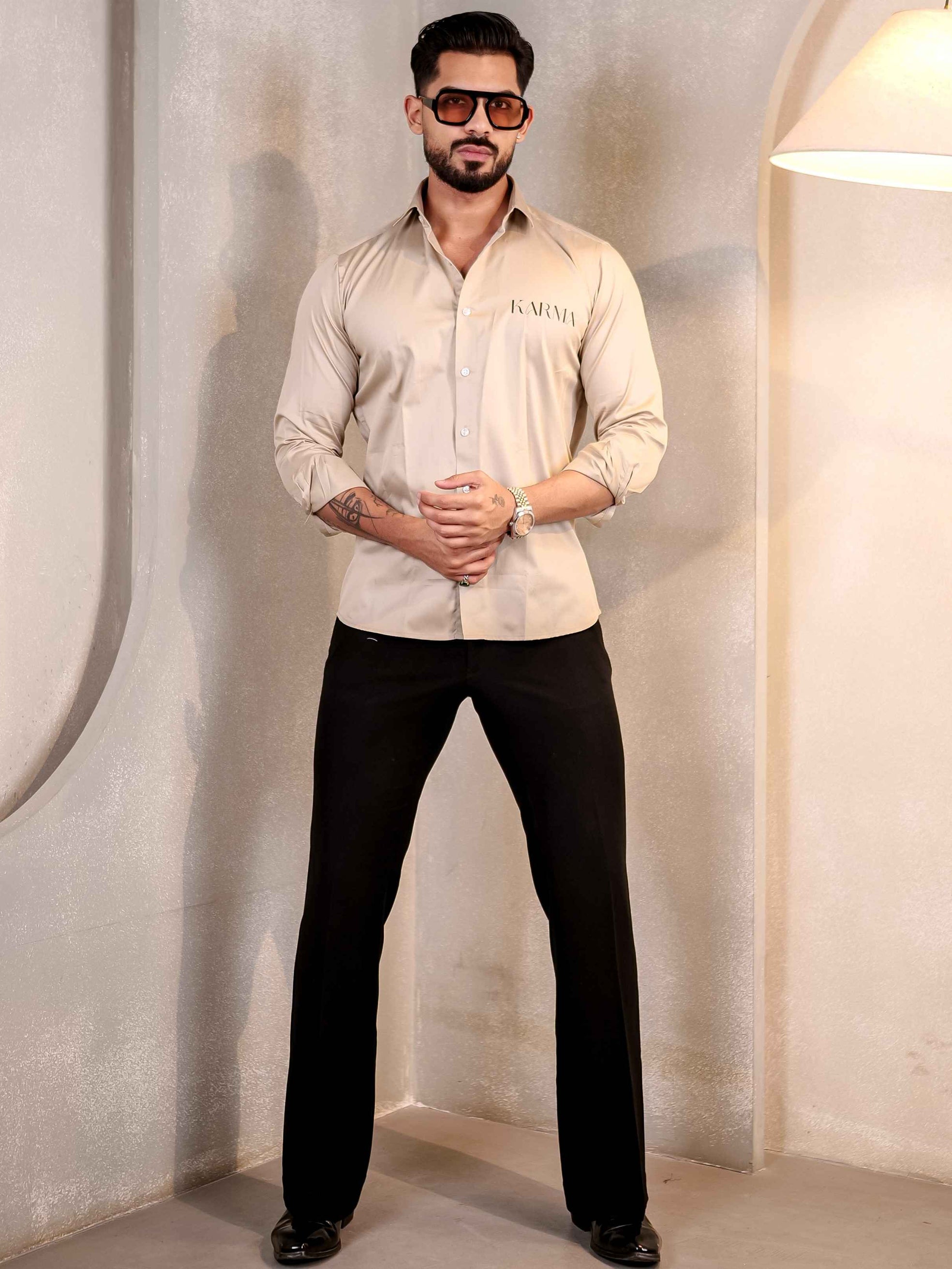 CREAM KARMA CLUB WEAR PRINTED SATIN COTTON MEN'S SHIRT