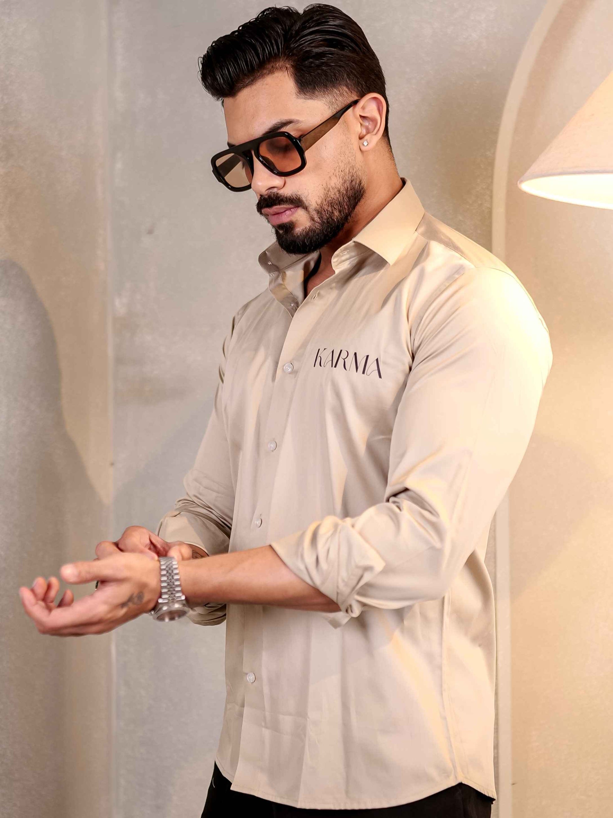 CREAM KARMA CLUB WEAR PRINTED SATIN COTTON MEN'S SHIRT