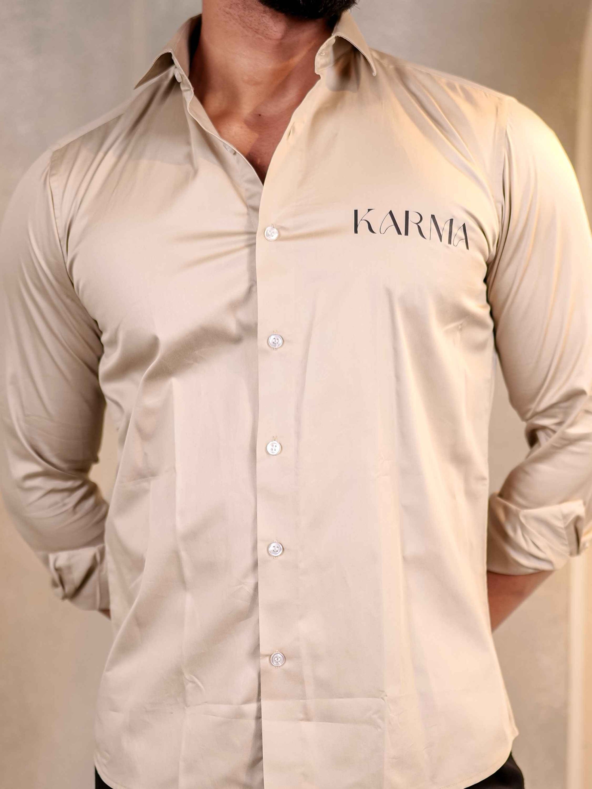 CREAM KARMA CLUB WEAR PRINTED SATIN COTTON MEN'S SHIRT