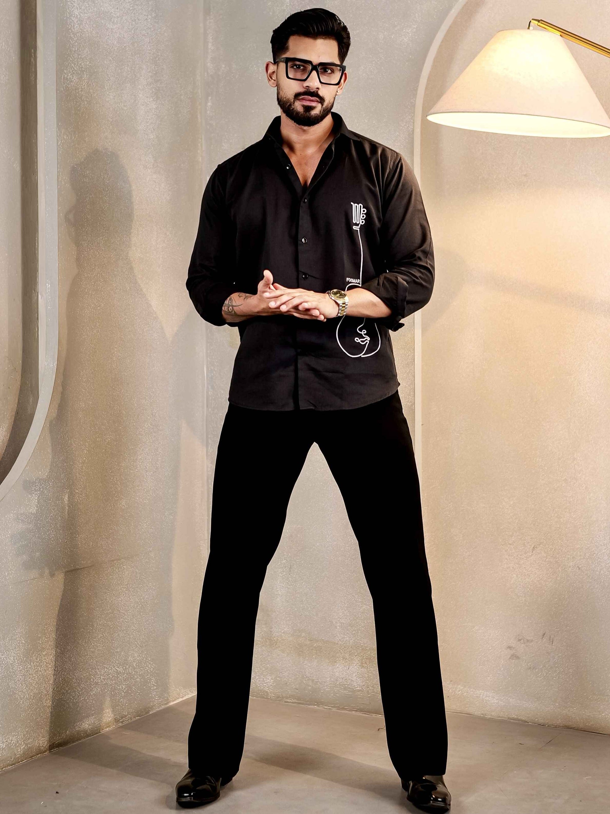BLACK GUITAR EMBROIDERED LUXURY LINEN COTTON MEN'S SHIRT