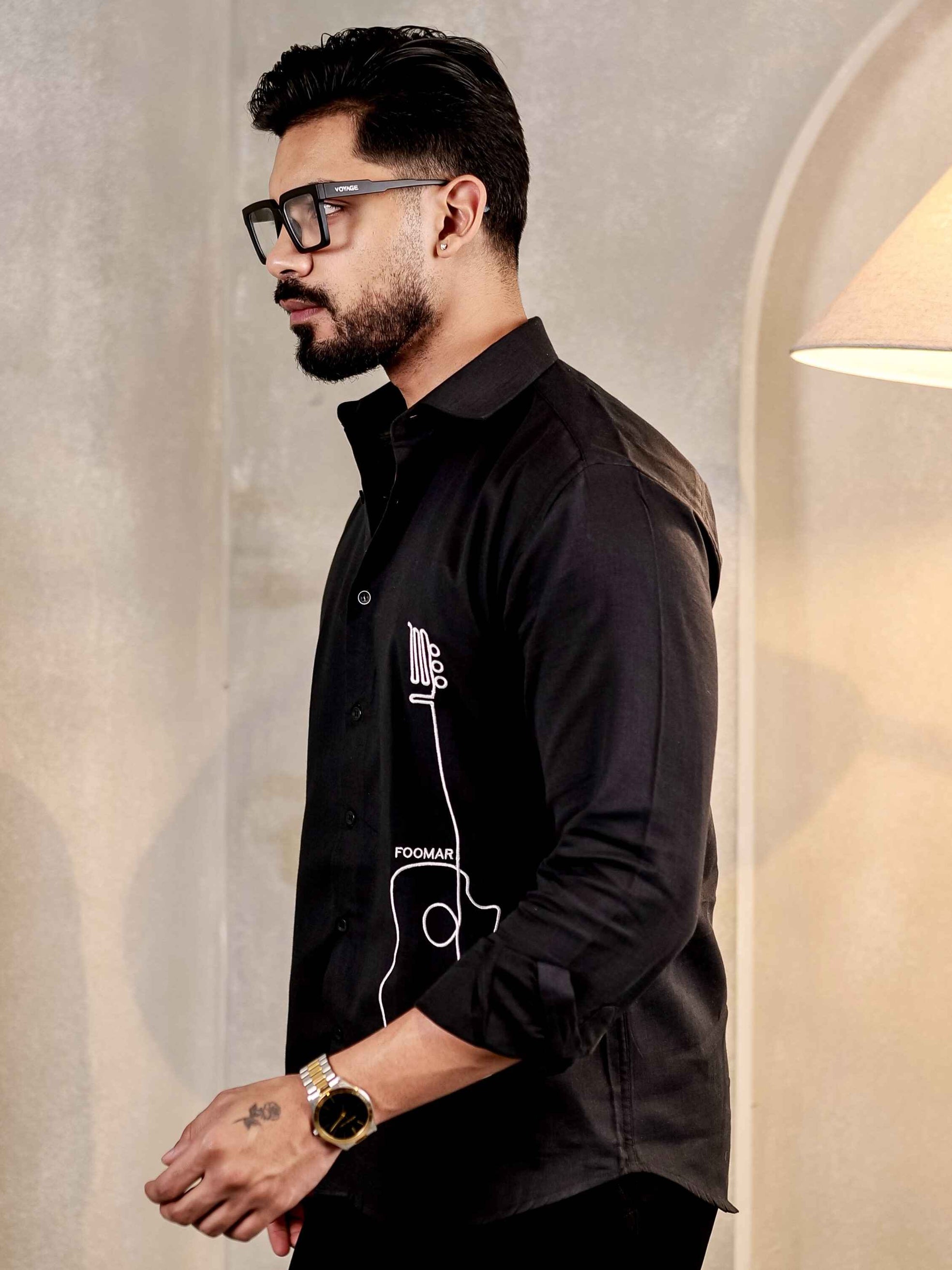 BLACK GUITAR EMBROIDERED LUXURY LINEN COTTON MEN'S SHIRT