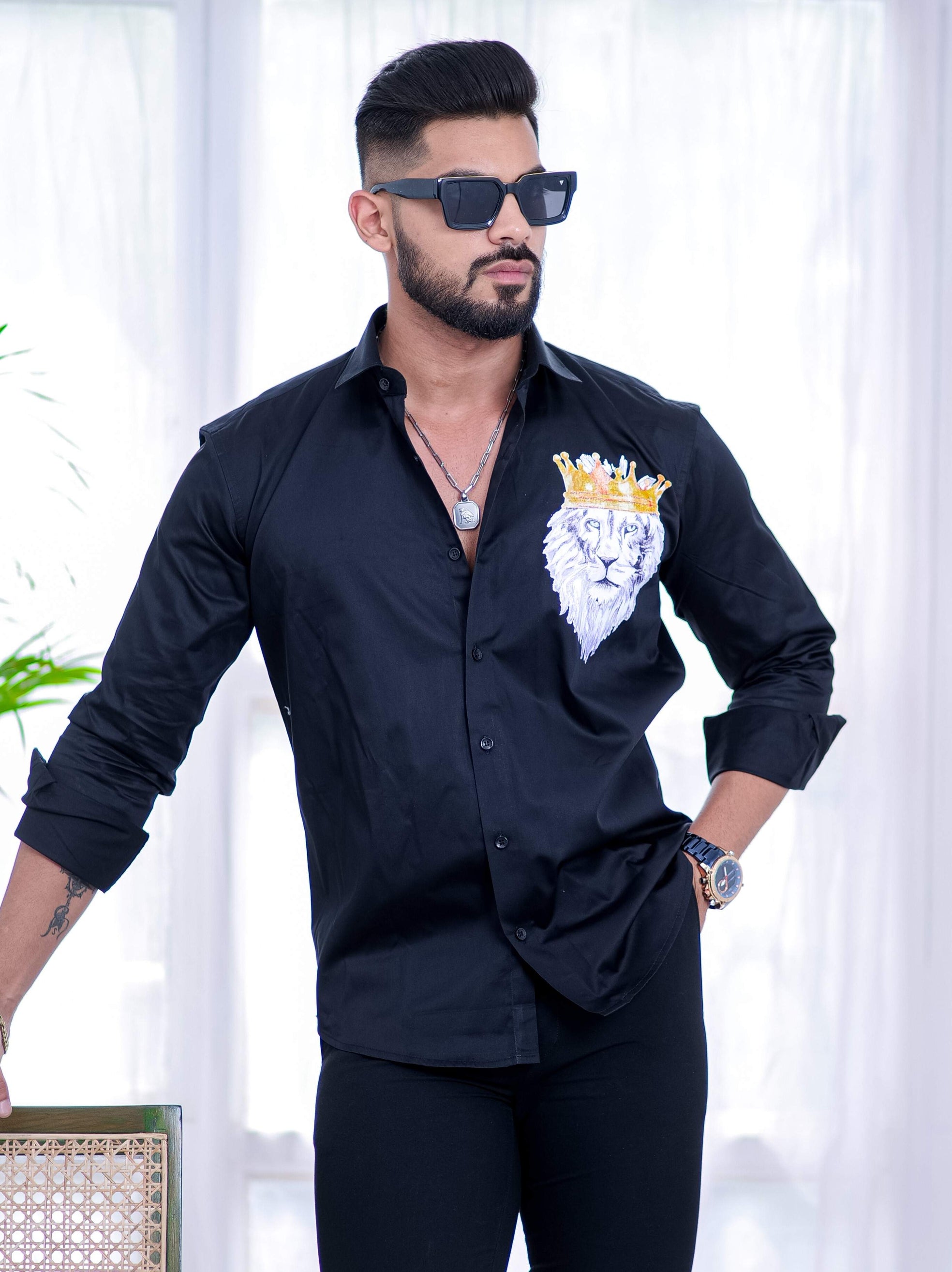 Black Club Wear Printed Satin Cotton Shirt