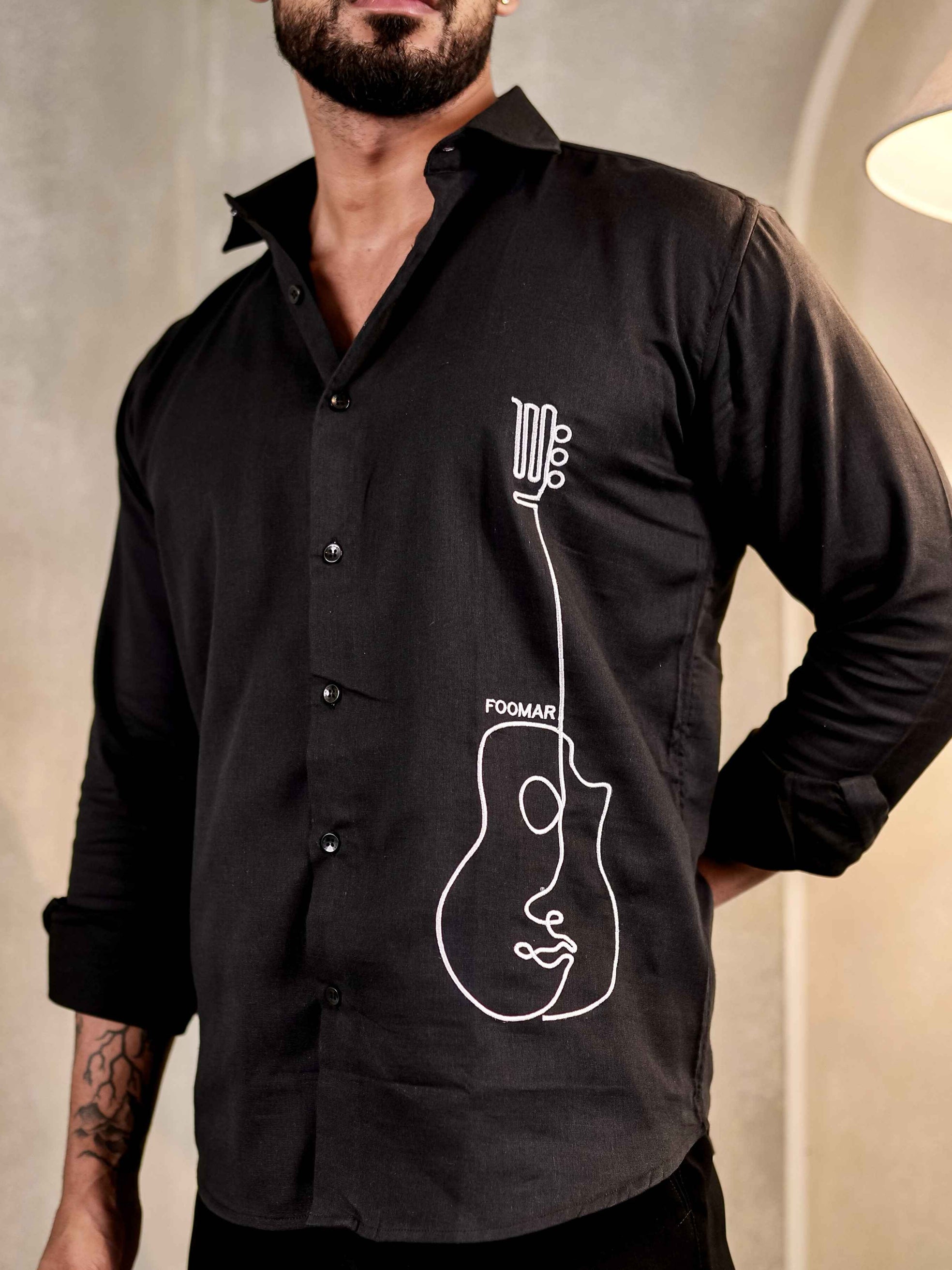 BLACK GUITAR EMBROIDERED LUXURY LINEN COTTON MEN'S SHIRT