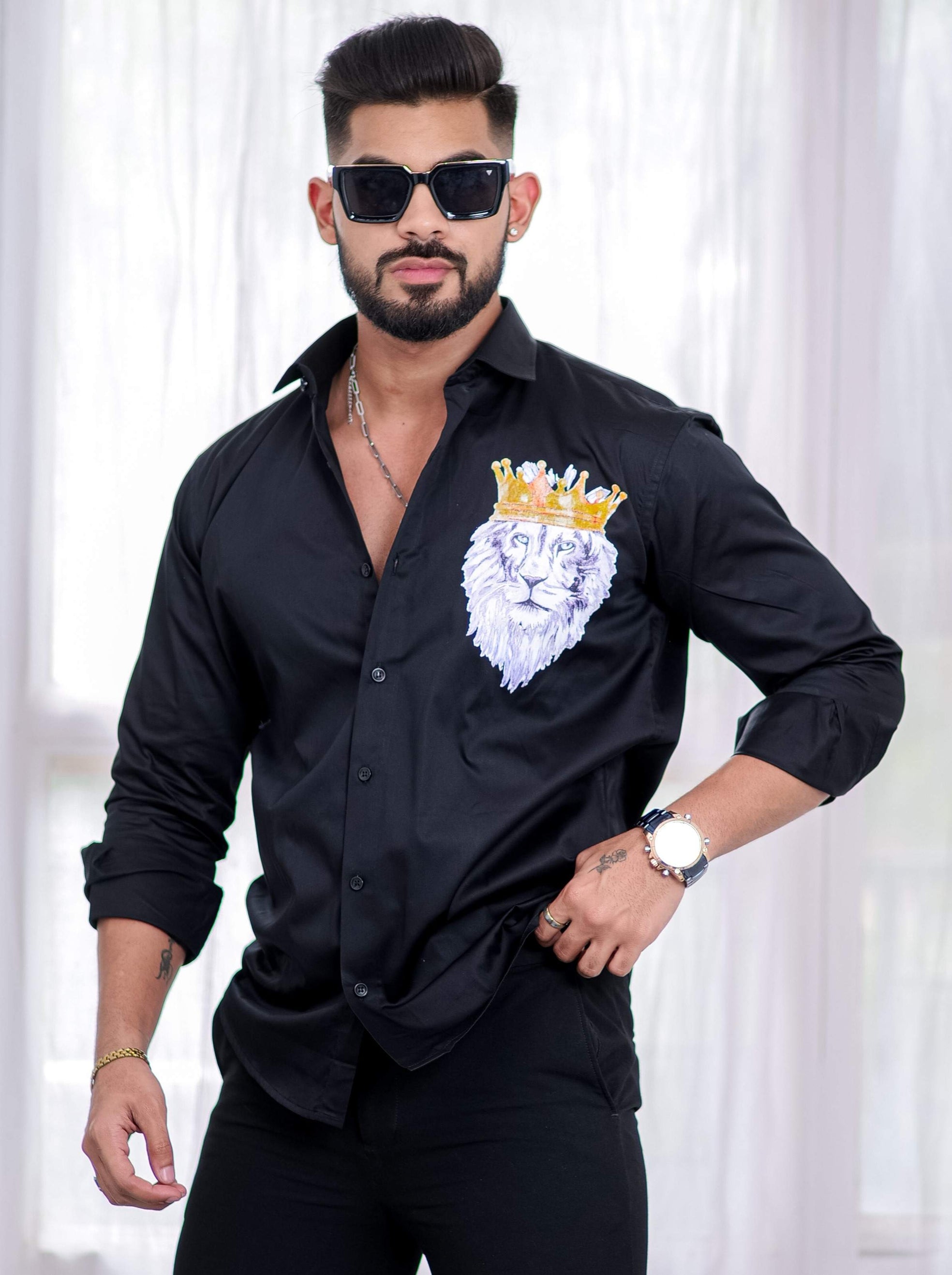 Black Club Wear Printed Satin Cotton Shirt