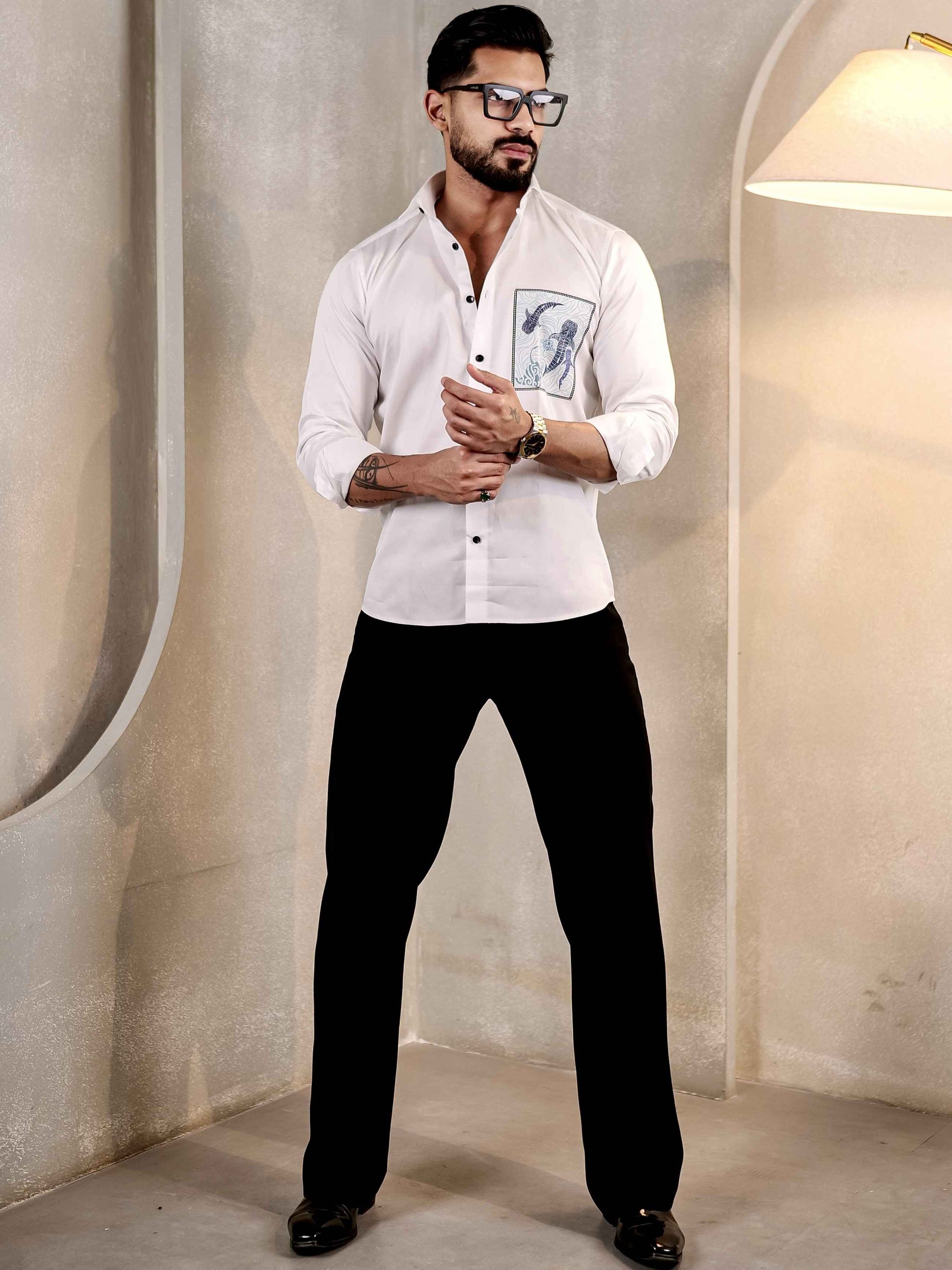 WHITE COUPLE FISH CLUB WEAR PRINTED SATIN COTTON MEN'S SHIRT