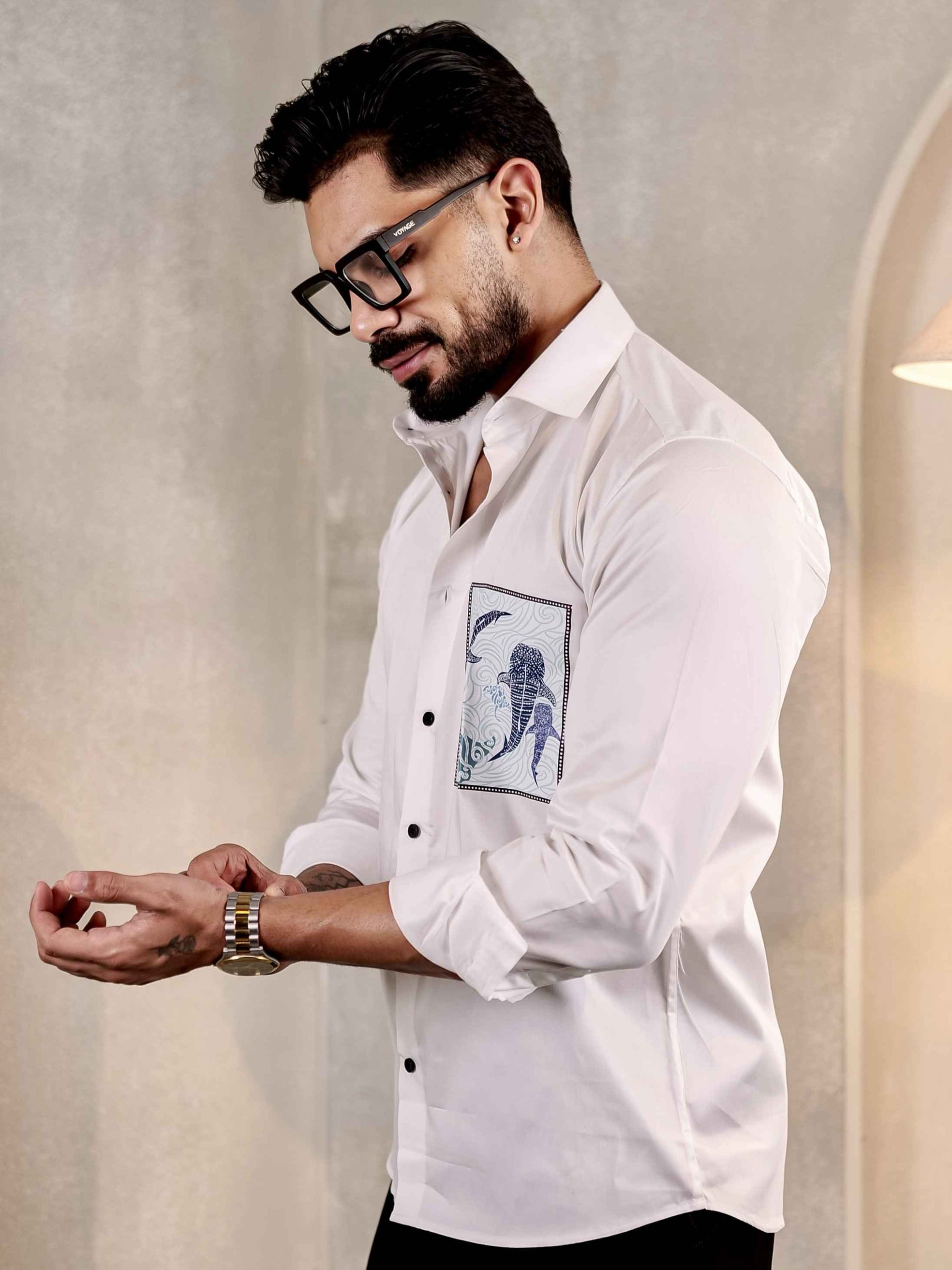 WHITE COUPLE FISH CLUB WEAR PRINTED SATIN COTTON MEN'S SHIRT
