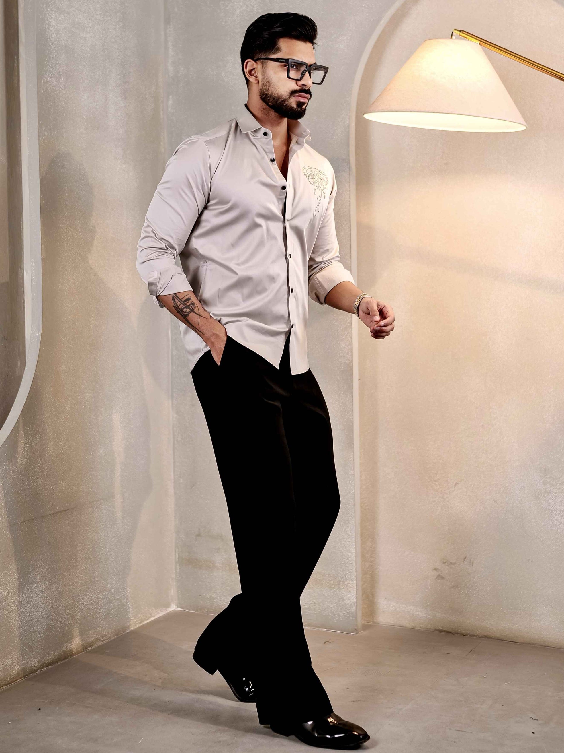 ELEPHANT EMBROIDERED GREY LUXURY COTTON FOR MEN'S SHIRT
