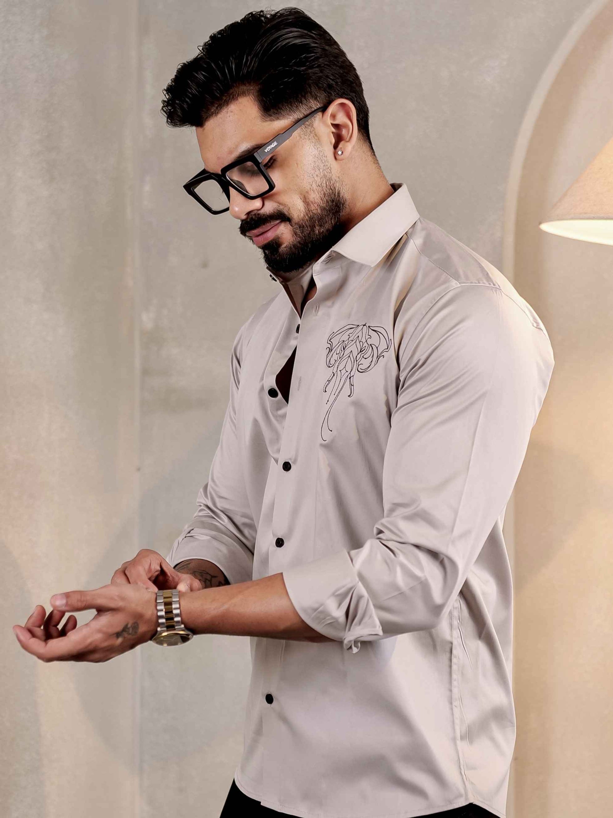 ELEPHANT EMBROIDERED GREY LUXURY COTTON FOR MEN'S SHIRT