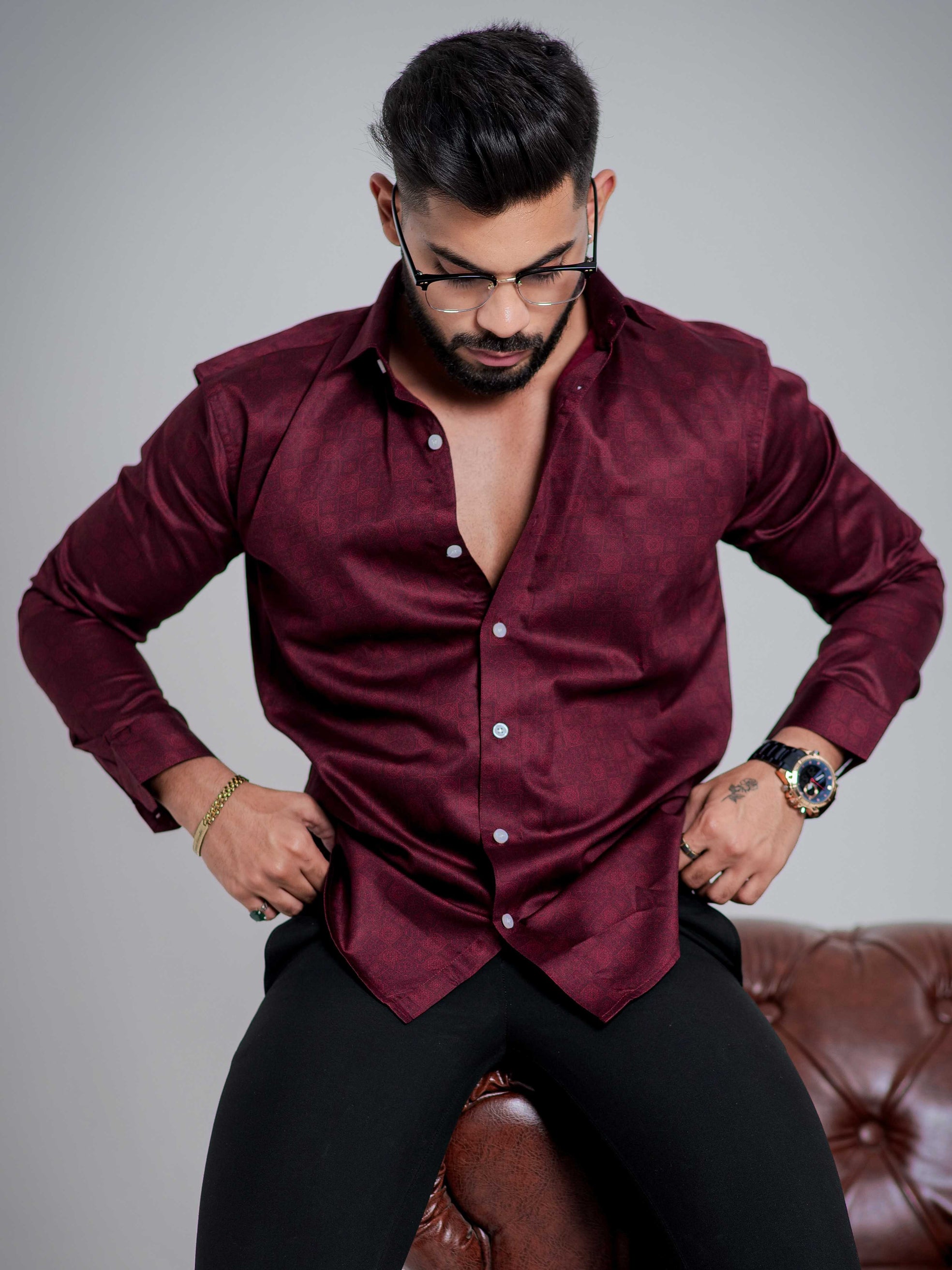 Maroon Satin Print Premium Shirt