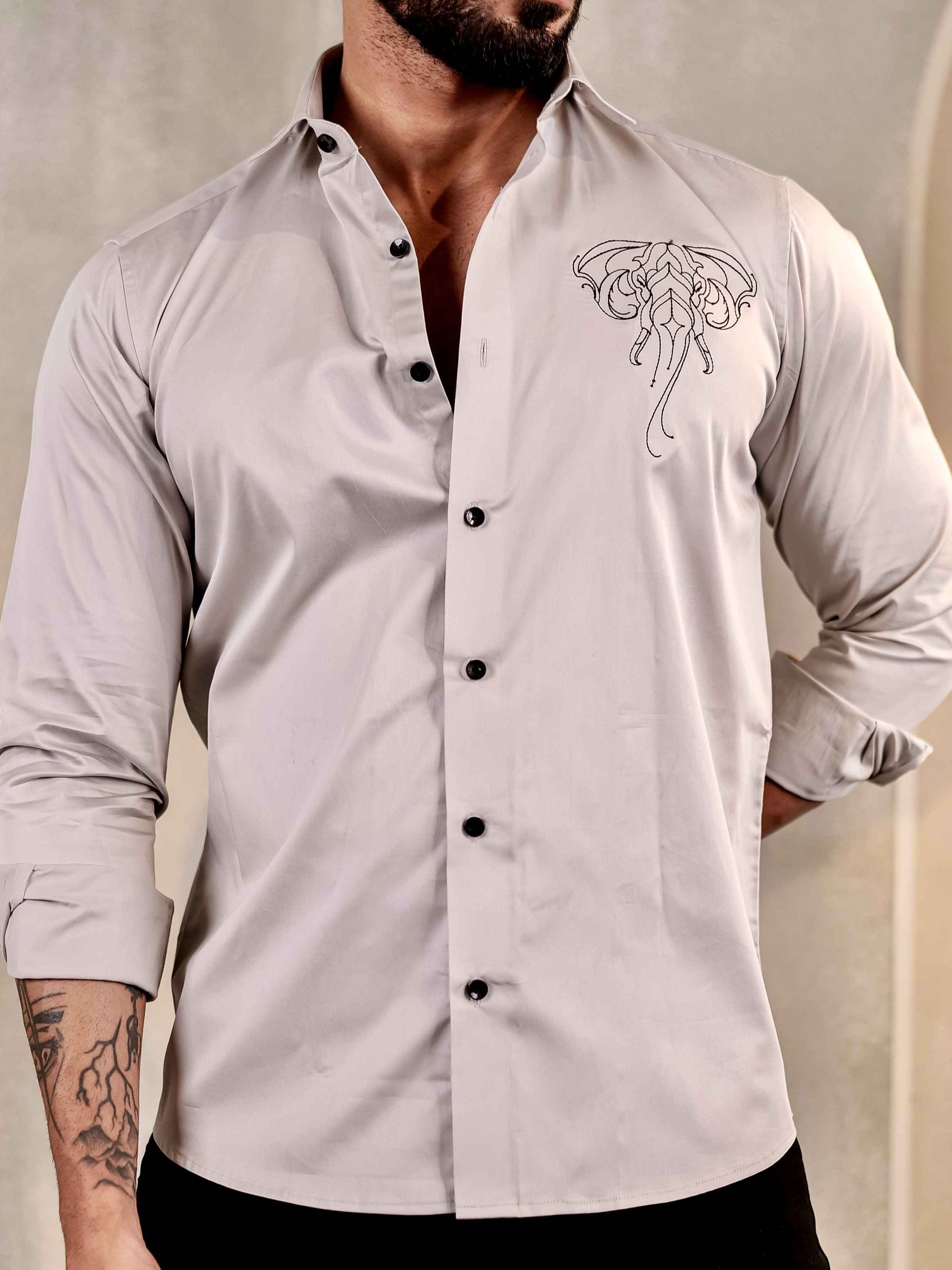 ELEPHANT EMBROIDERED GREY LUXURY COTTON FOR MEN'S SHIRT