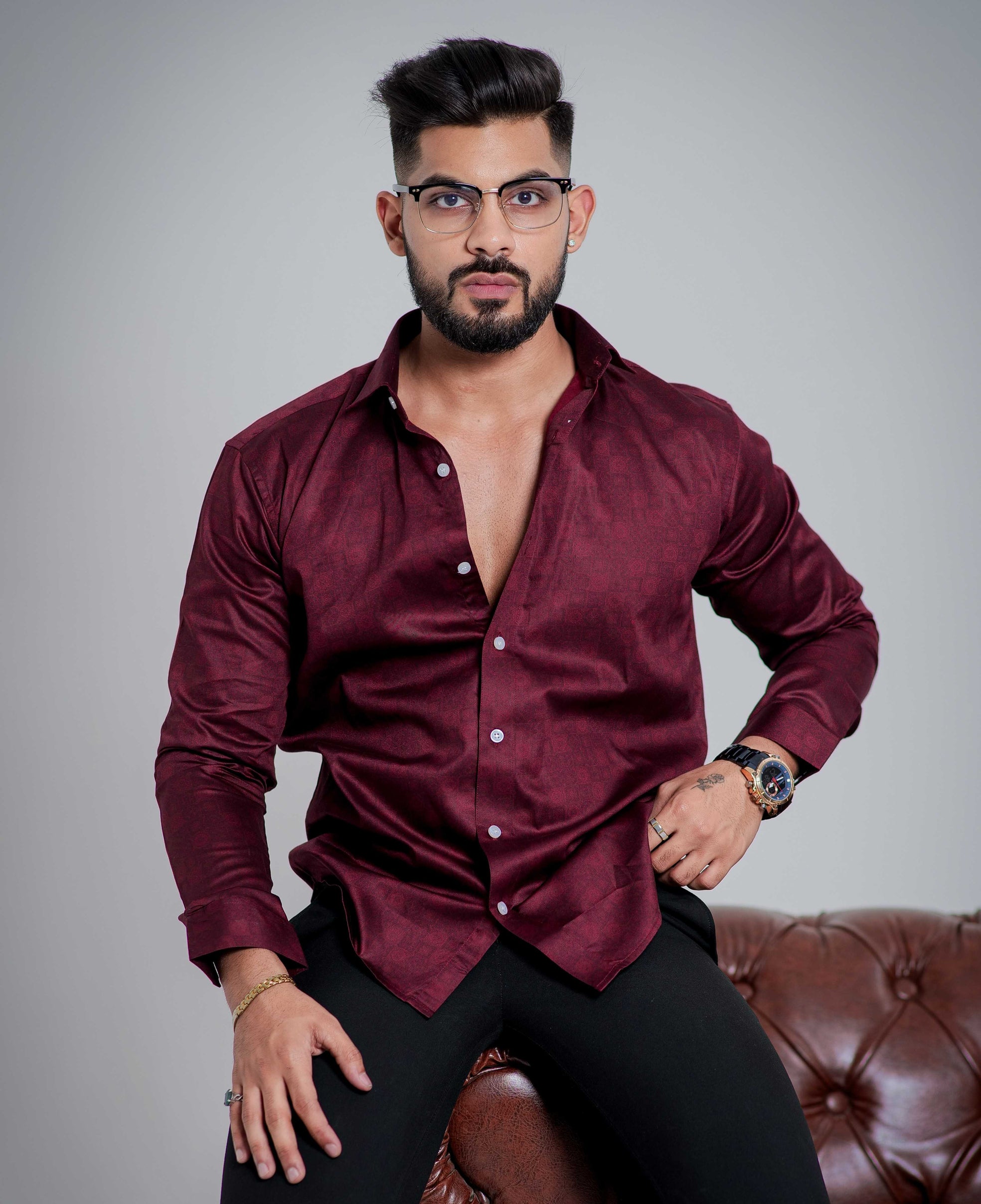 Maroon Satin Print Premium Shirt