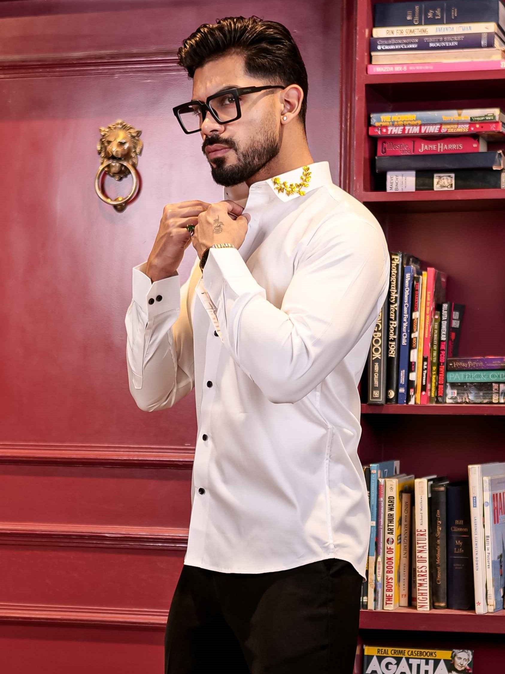 WHITE BROOCH COLLAR SATIN COTTON MEN'S SHIRT