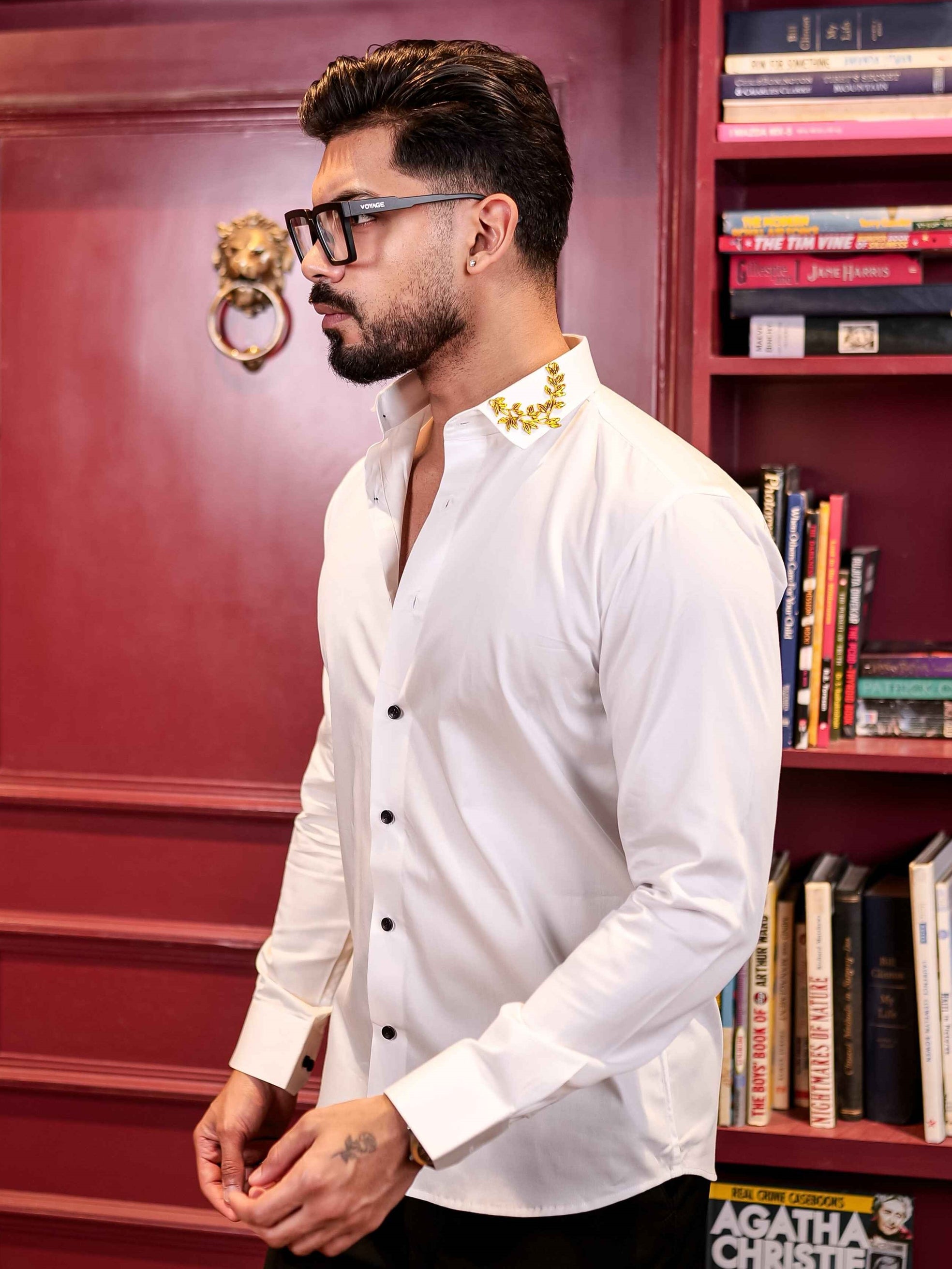 WHITE BROOCH COLLAR SATIN COTTON MEN'S SHIRT