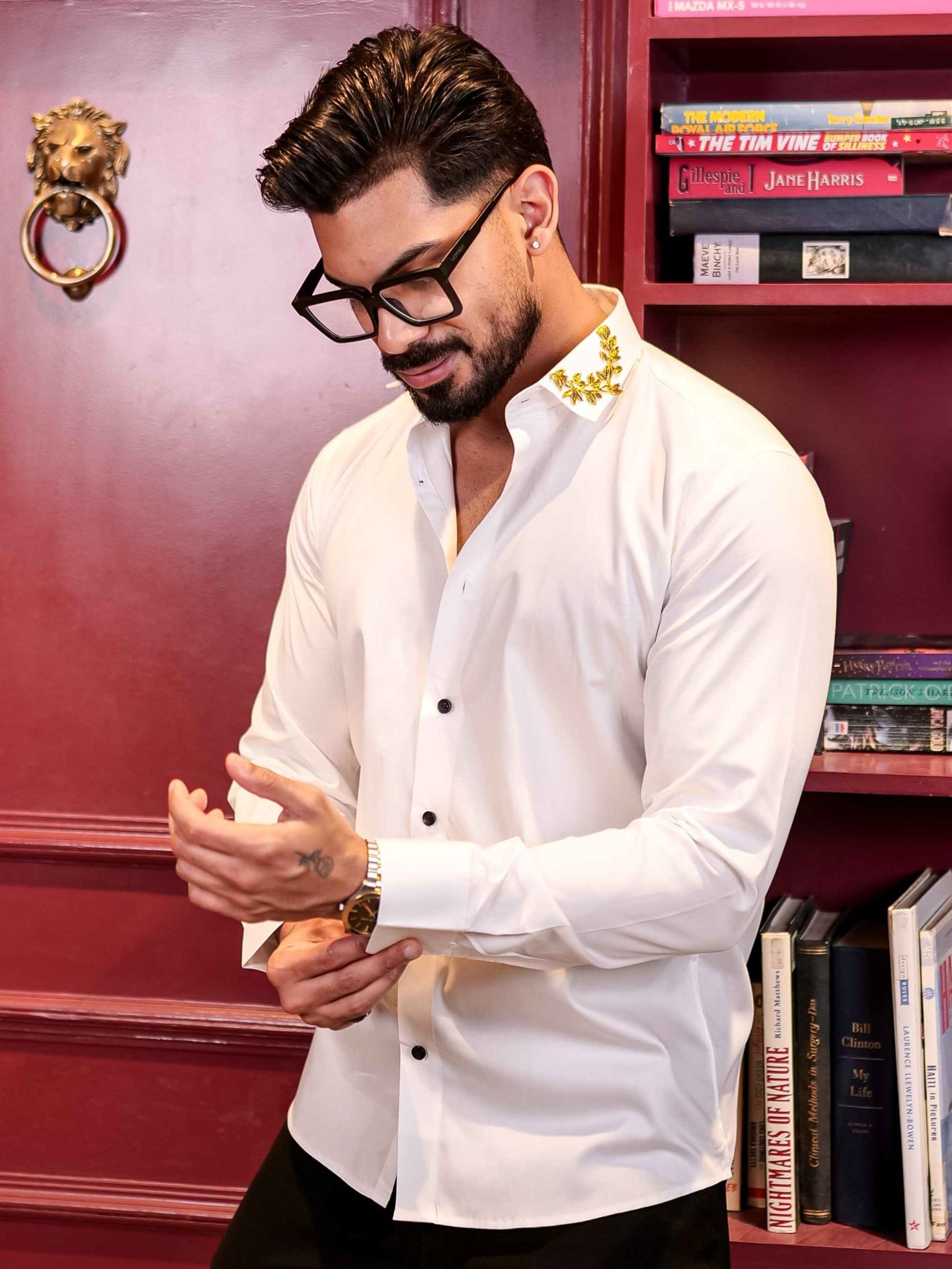 WHITE BROOCH COLLAR SATIN COTTON MEN'S SHIRT